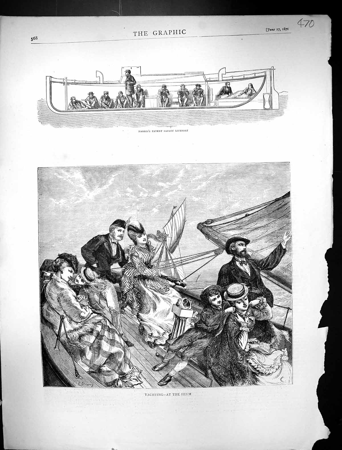 Old Antique Print 1871 Harris Patent Safety Lifeboat Yachting Passengers 19th