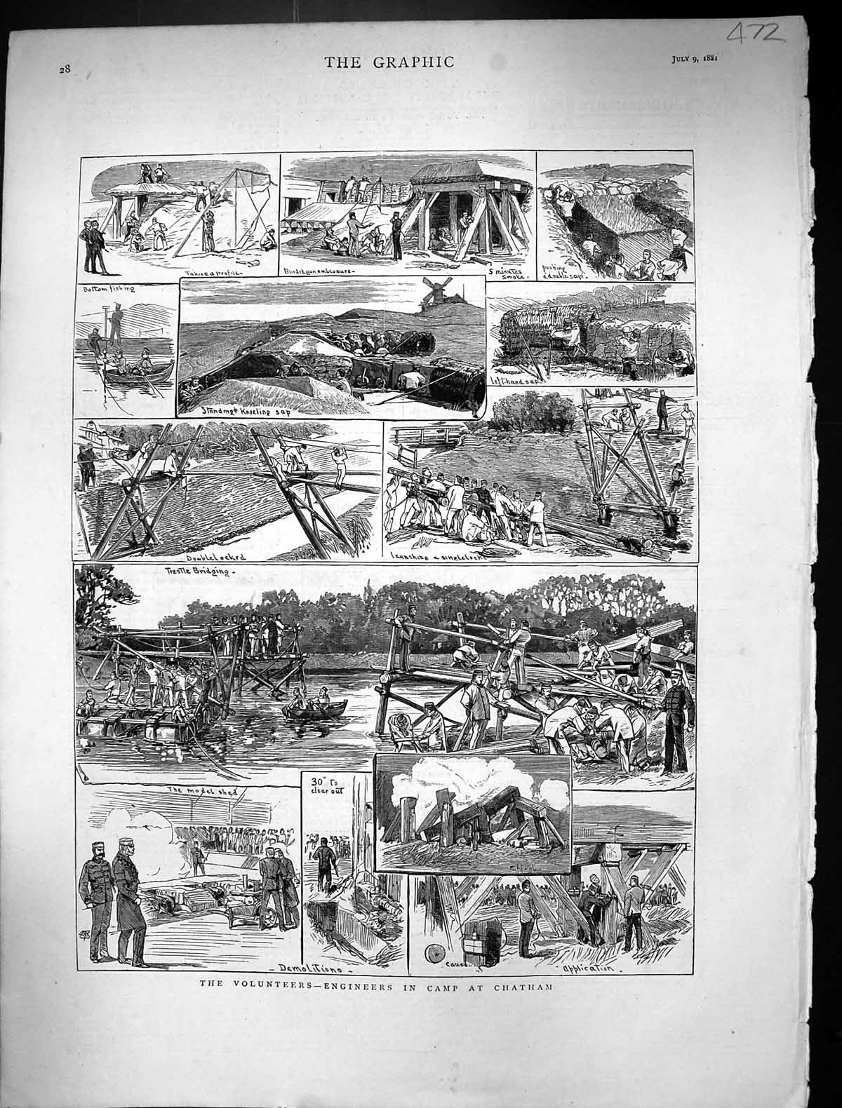 Original Old Antique Print 1881 Siers Volunteers Camp Chatham Trestle Bridge
