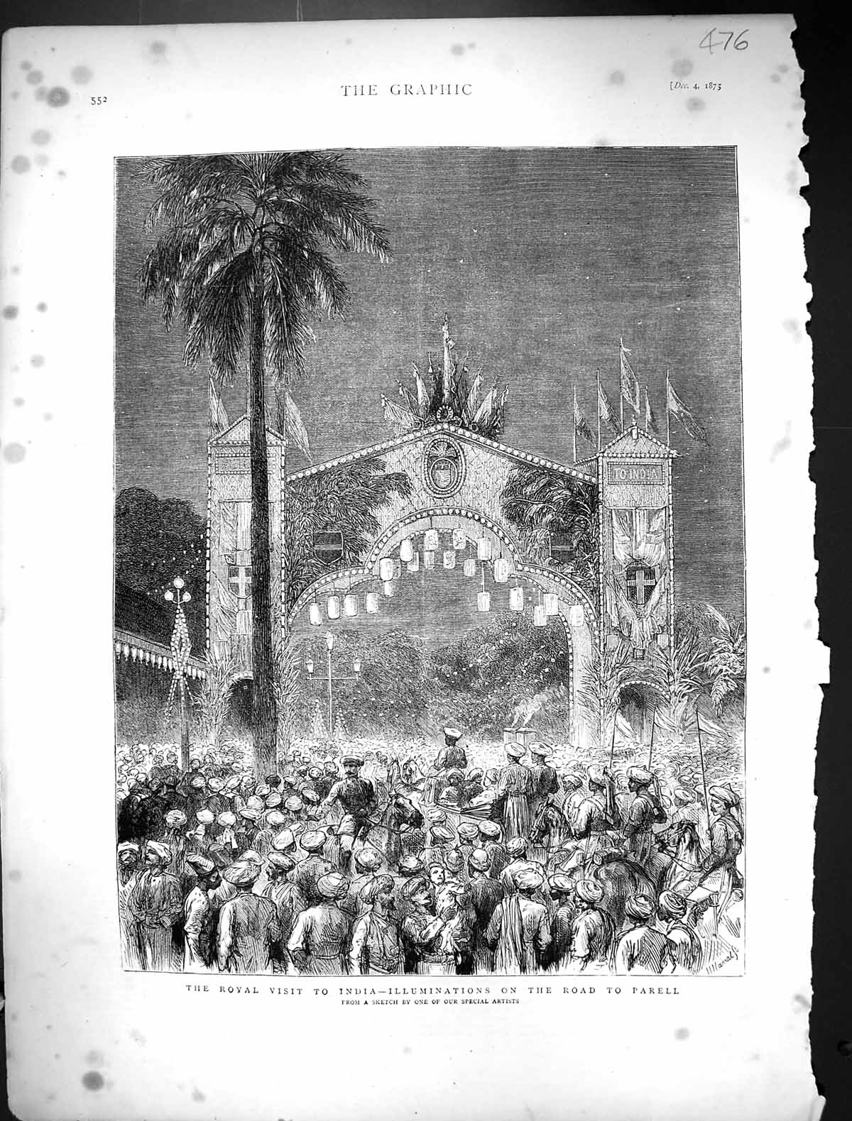 Old Antique Print 1875 Royal Visit India Illuminations Parell Procession 19th