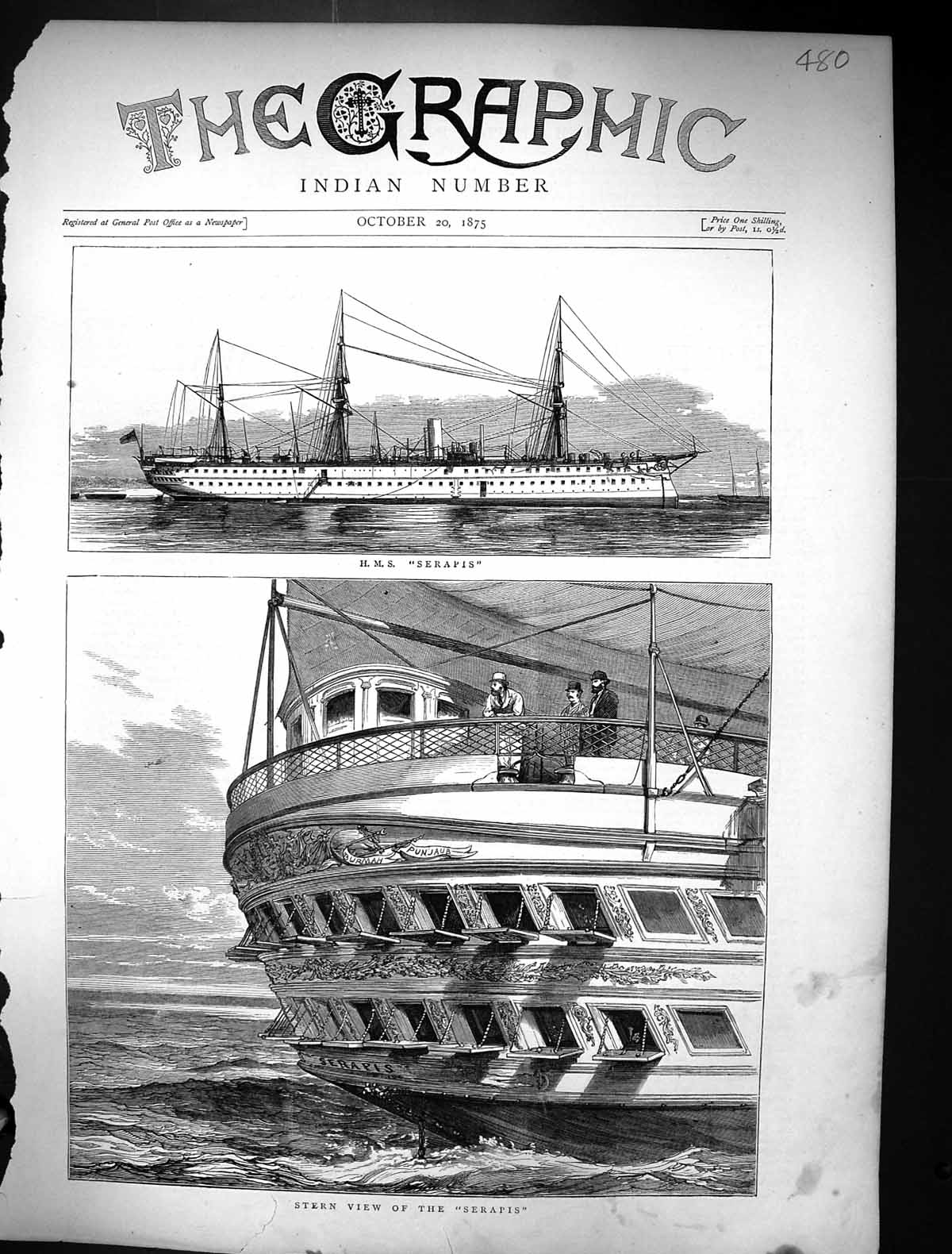 Original Old Antique Print 1875 Stern View H.M.S. Serapis War Battle Ship 19th