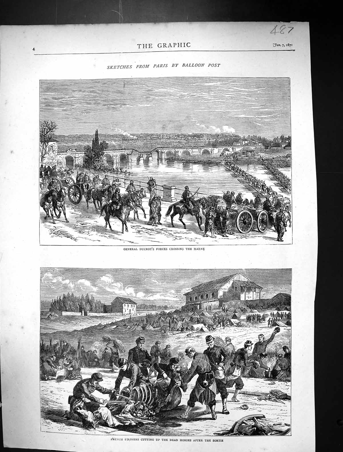Antique Print 1871 General Ducrot Siers Marne River French Army Dead Horses