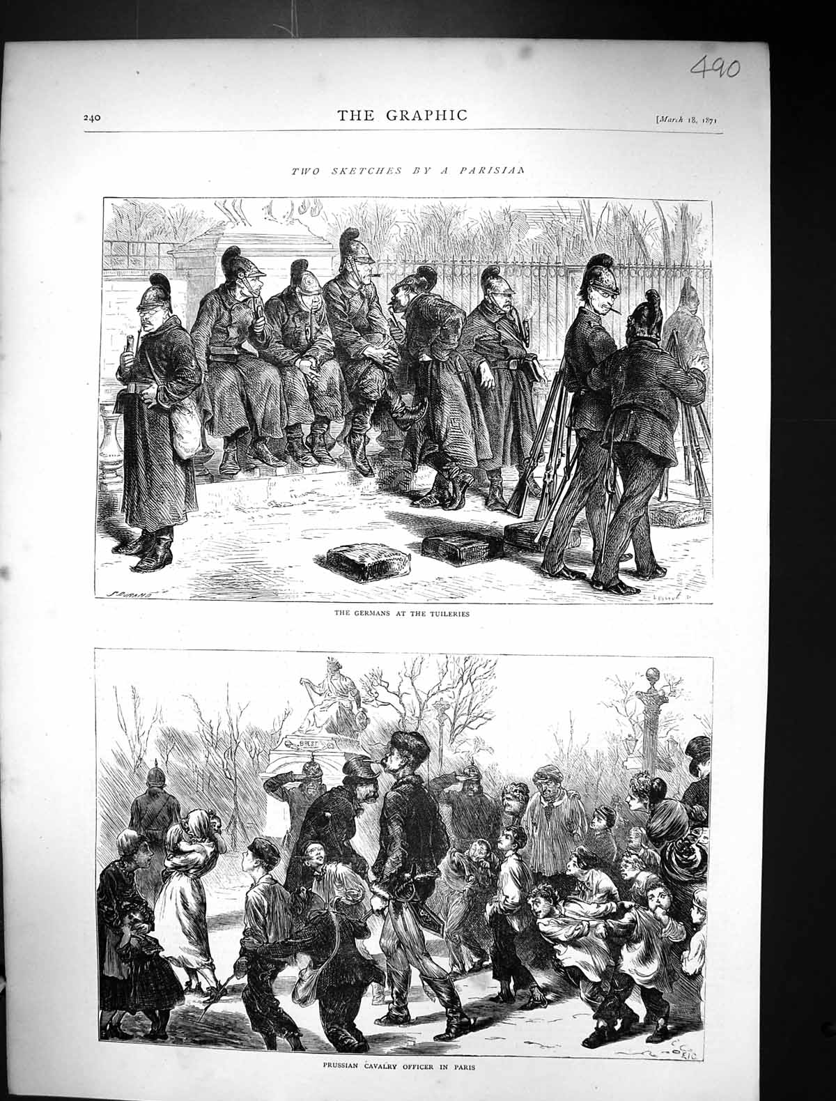Old Print 1871 German Siers War Tuileries Prussian Cavalry Officer Paris 19th