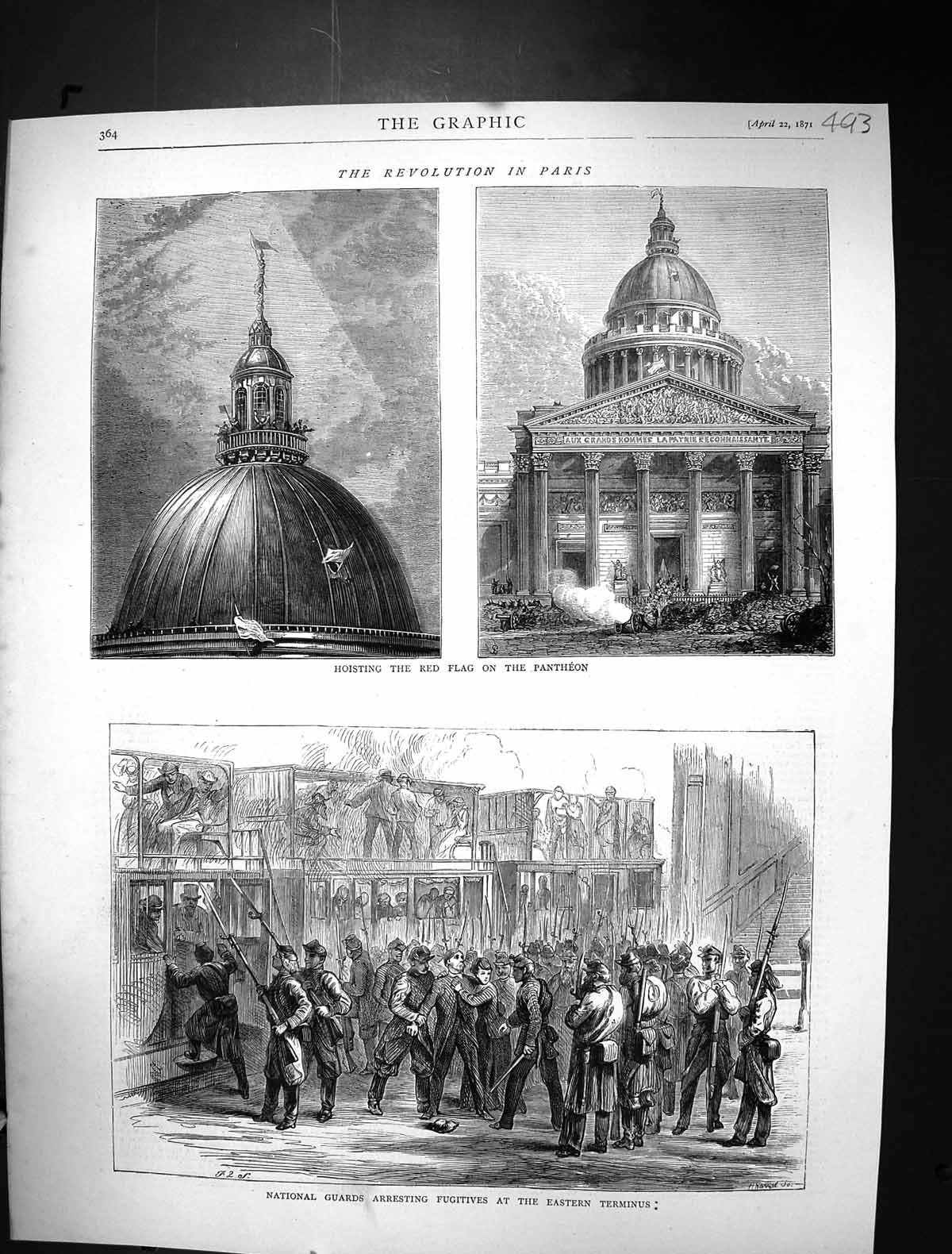 Old 1871 Revolution Paris France Hoisting Flag Pantheon National Guar Victorian
