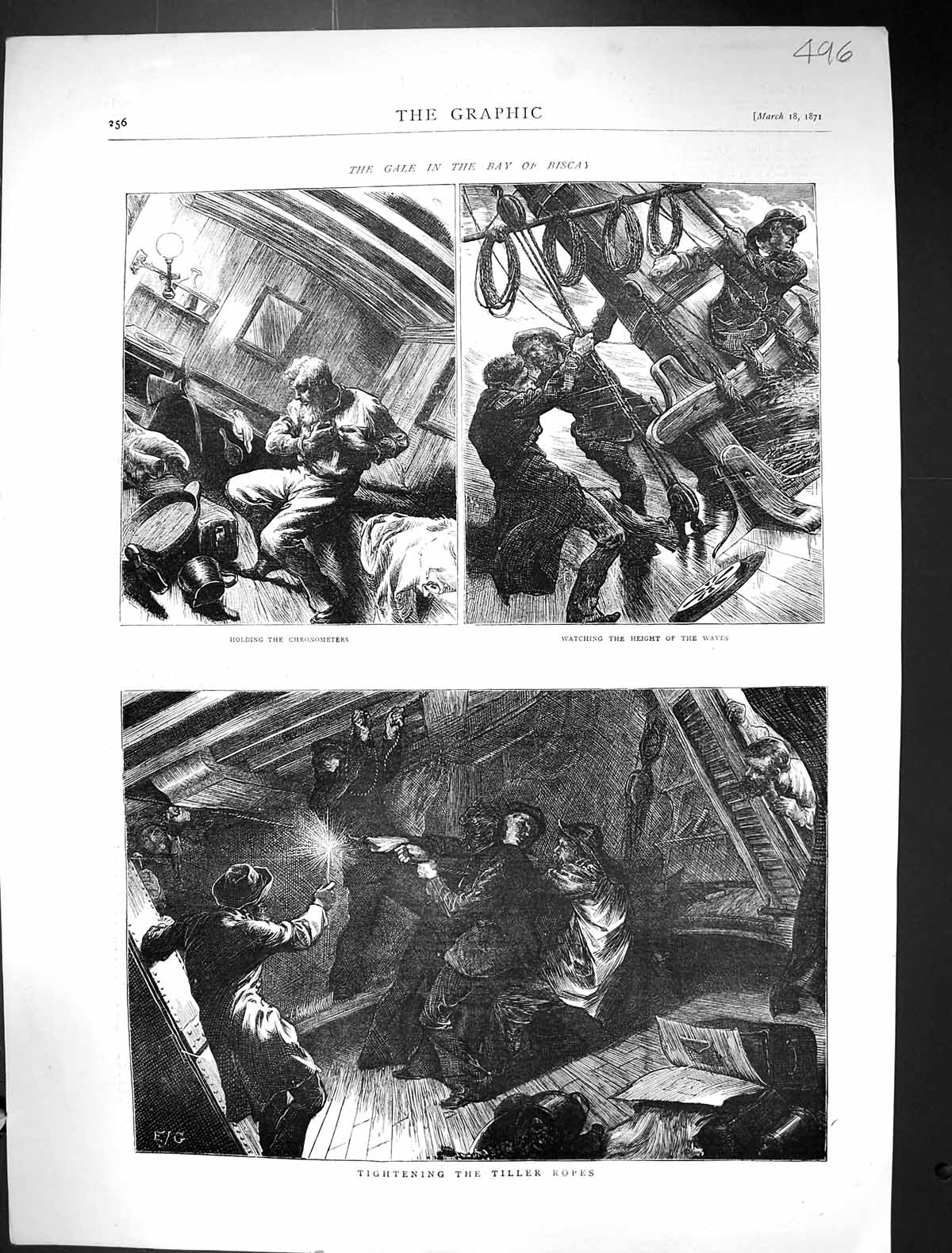 Old 1871 Stormy Sea Ship Bay Biscay Tightening Tiller Ropes Chronomet Victorian