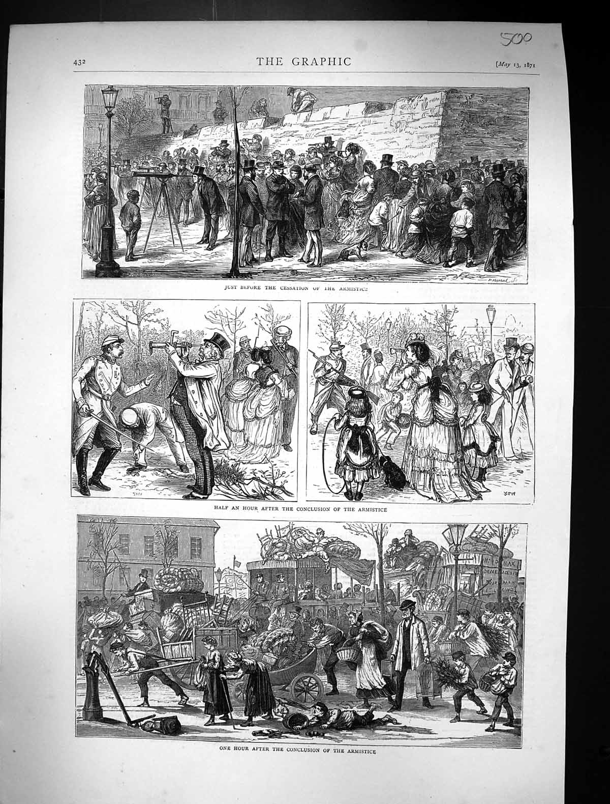 Antique Old Print 1871 Scene Before Cessation Armistice Street Celebrations