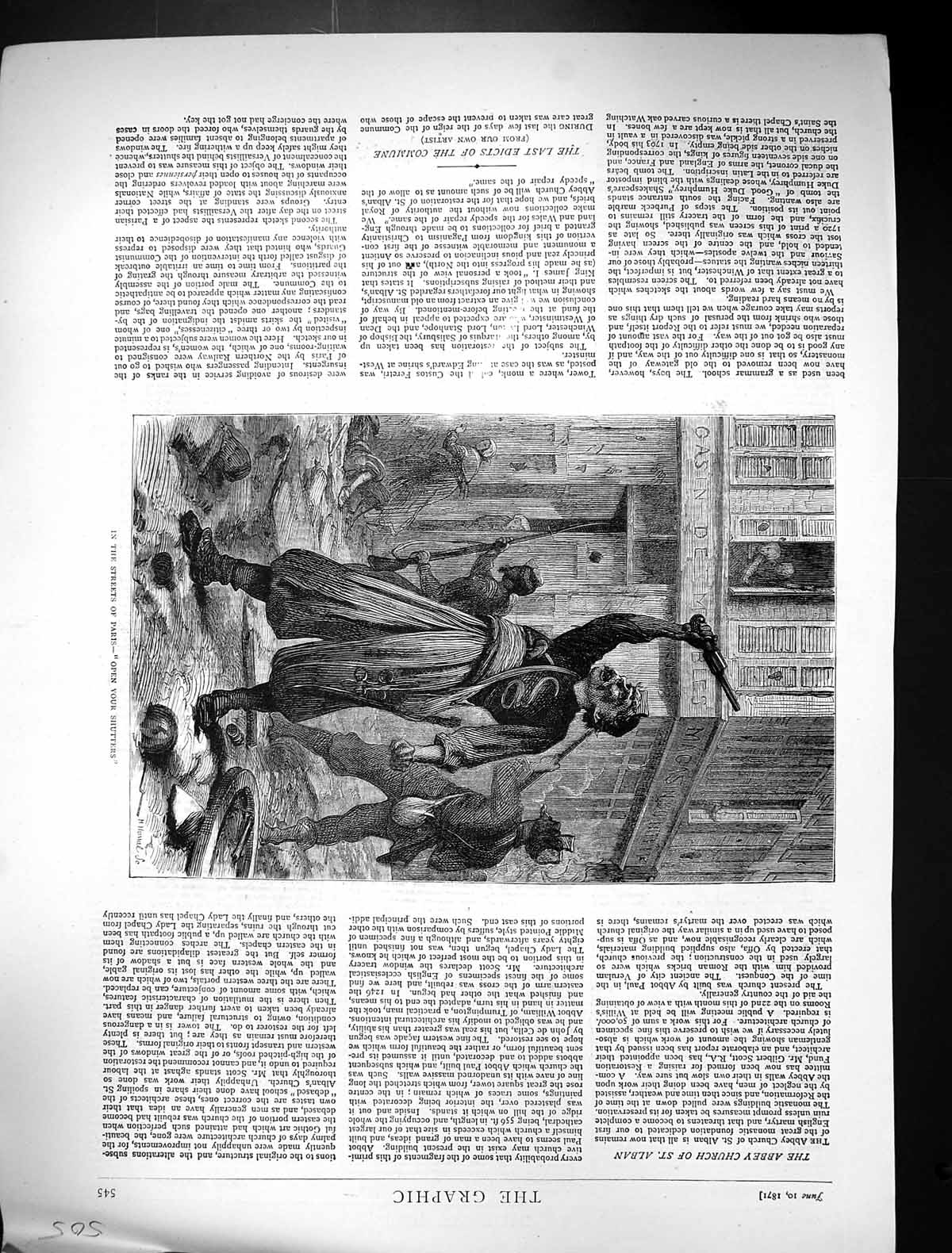 Antique Old Print 1871 Street Scene Paris France Men Shouting Open Shutters
