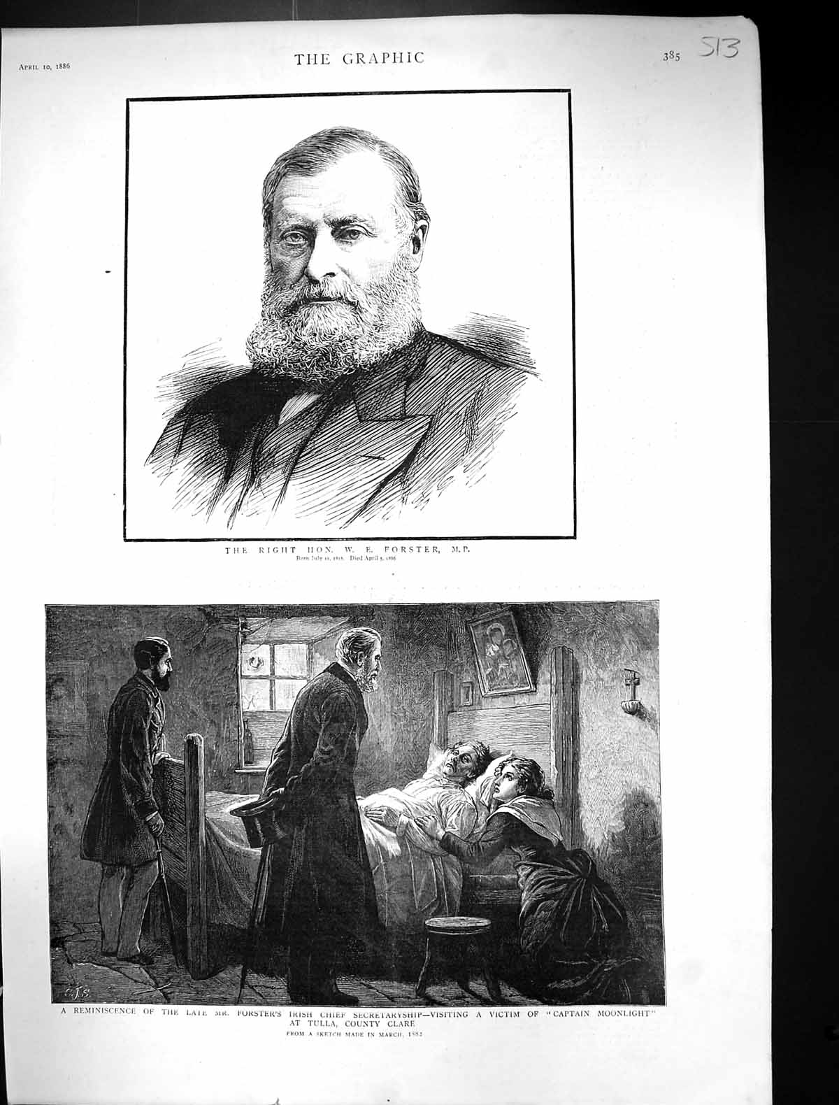 Old Print 1886 Forster M.P. Ireland Victim Captain Moonlight Tulla Clare 19th