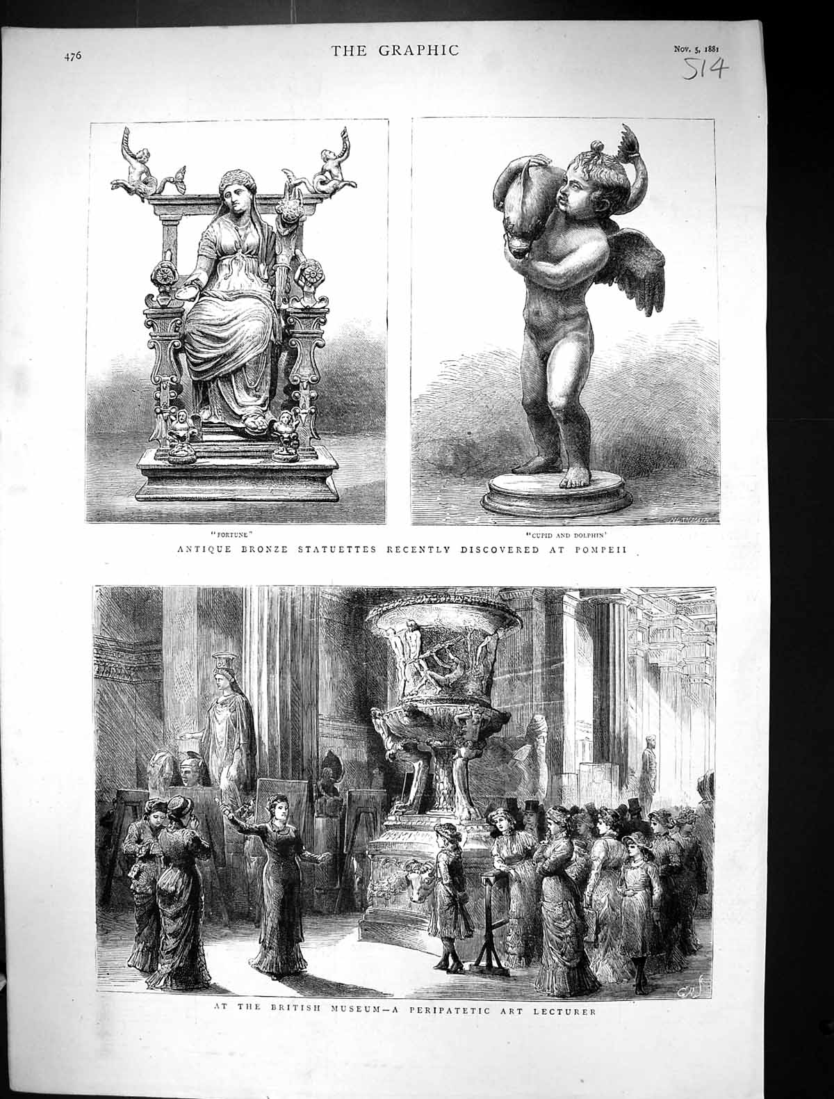 Old 1881 Bronze Statuettes Pompeii Fortune Cupid Dolphin British Muse Victorian