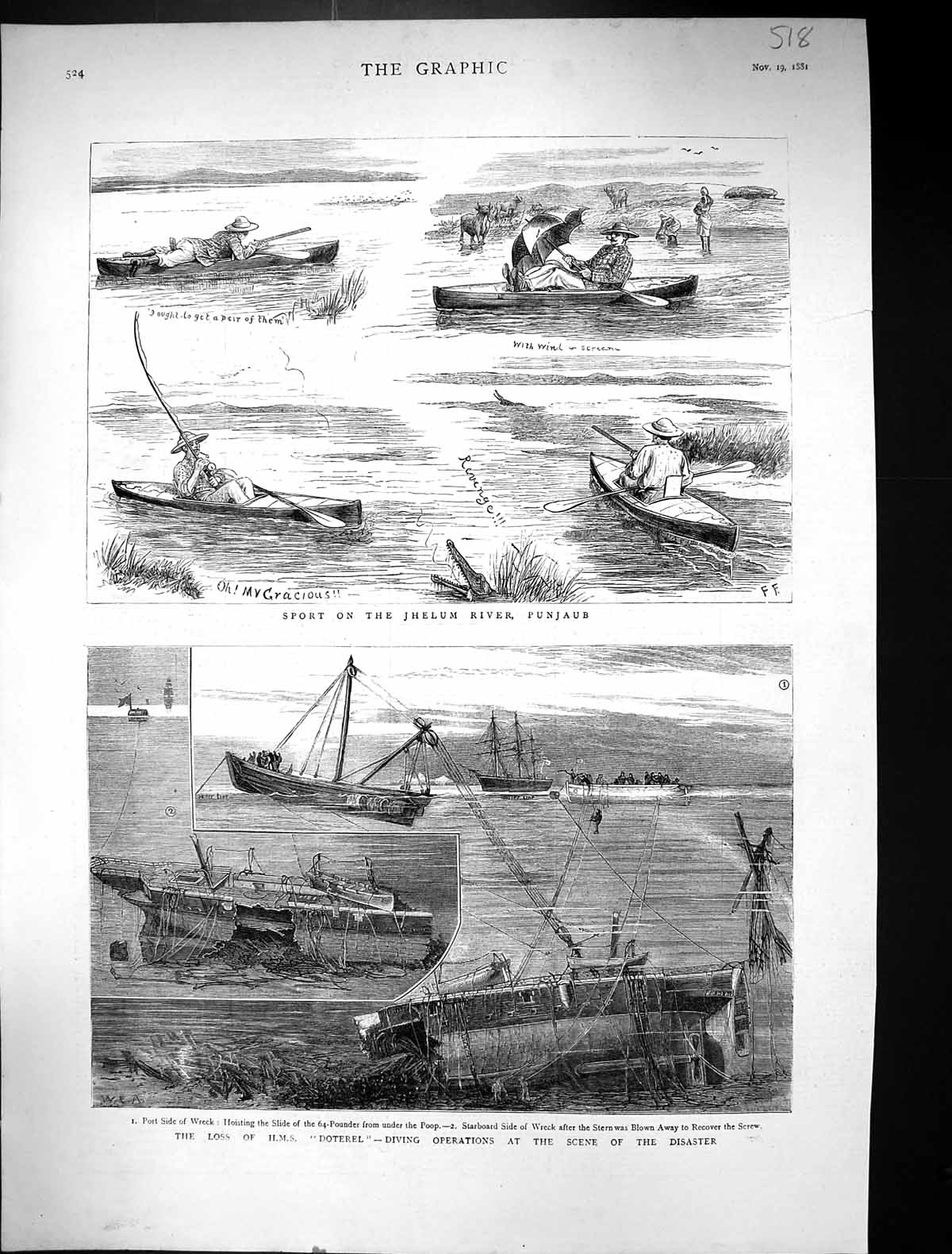 Old 1881 Sport Jhelum River Punjaub Hunting Loss Ship Wrekc H.M.S. Do Victorian