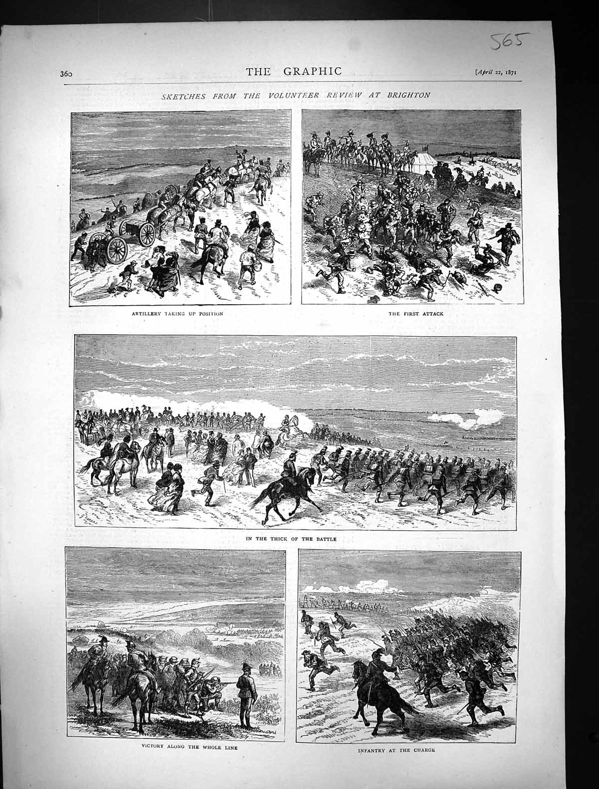 Antique Print 1871 Volunteer Review Brighton Artillery Sodliers War Battle 19th