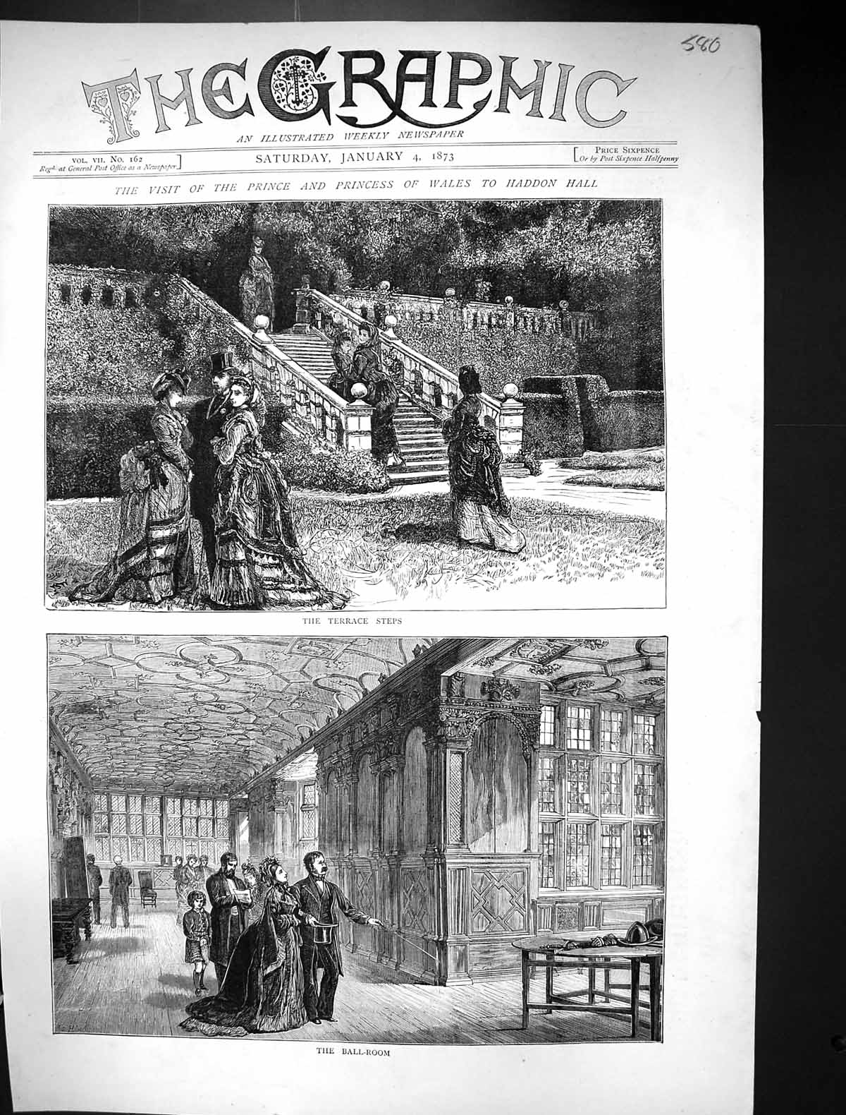 Old Print 1873 Prince Princess Wales Haddon Hall Terrace Steps Ball-Room 19th