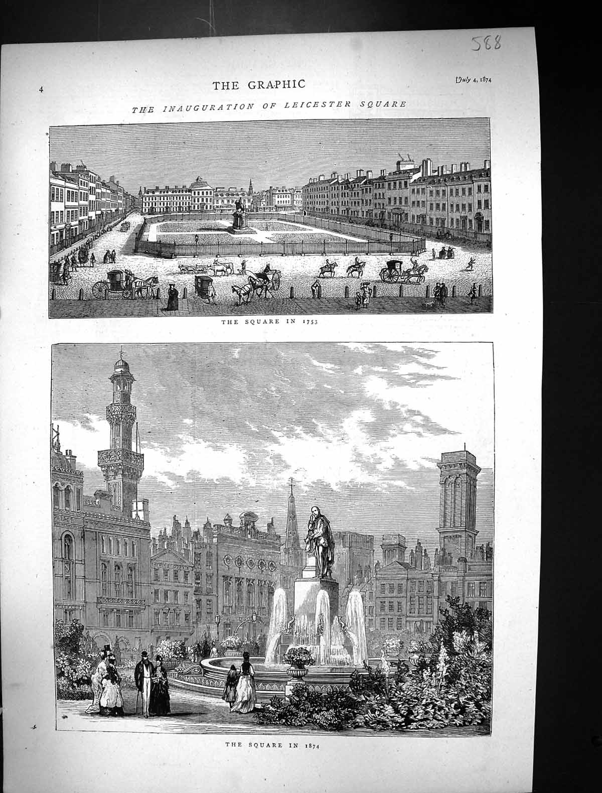 Old Print 1874 Inauguration Leicester Square London Fountain Architecture 19th