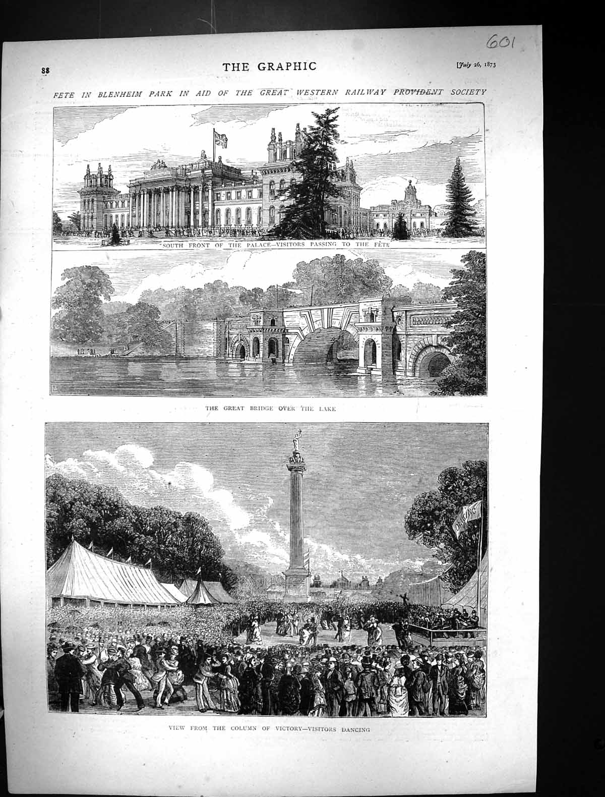 Old 1873 Fete Blenheim Park Palace Lake Bridge Column Victory Visitor Victorian