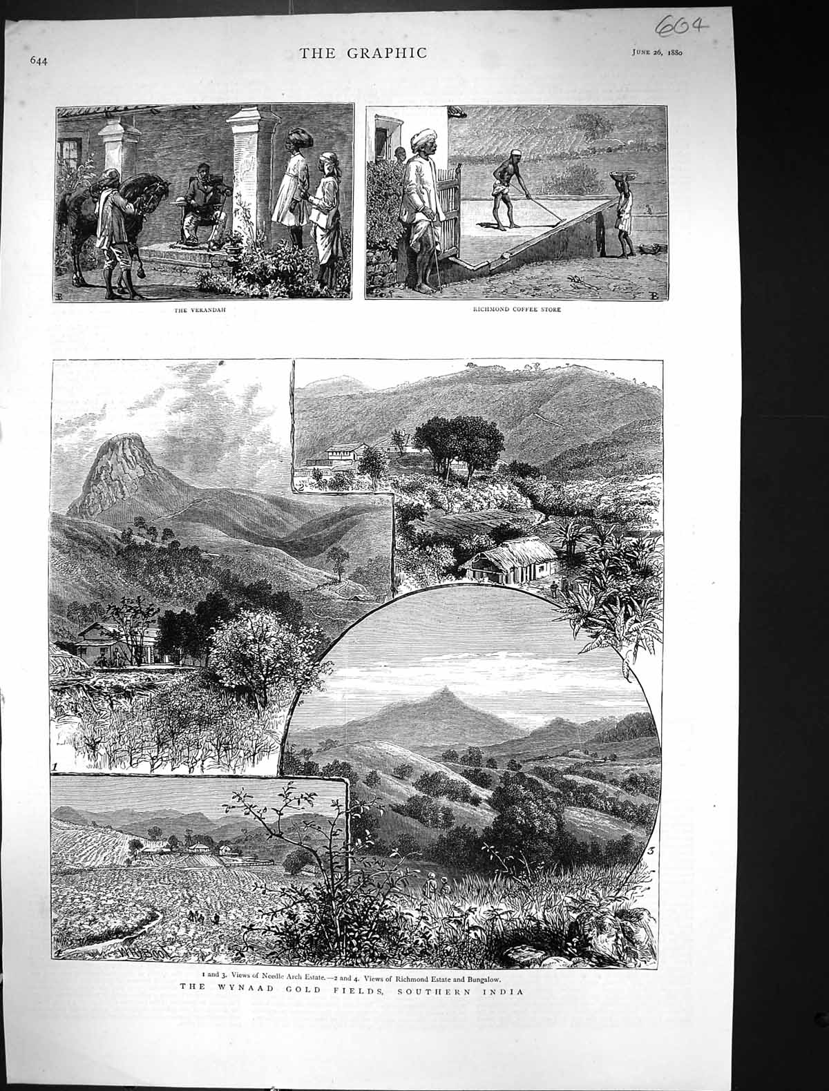 Antique Print 1880 Wynaad GFields India Needle Arch Estate Richmond Estate 19th