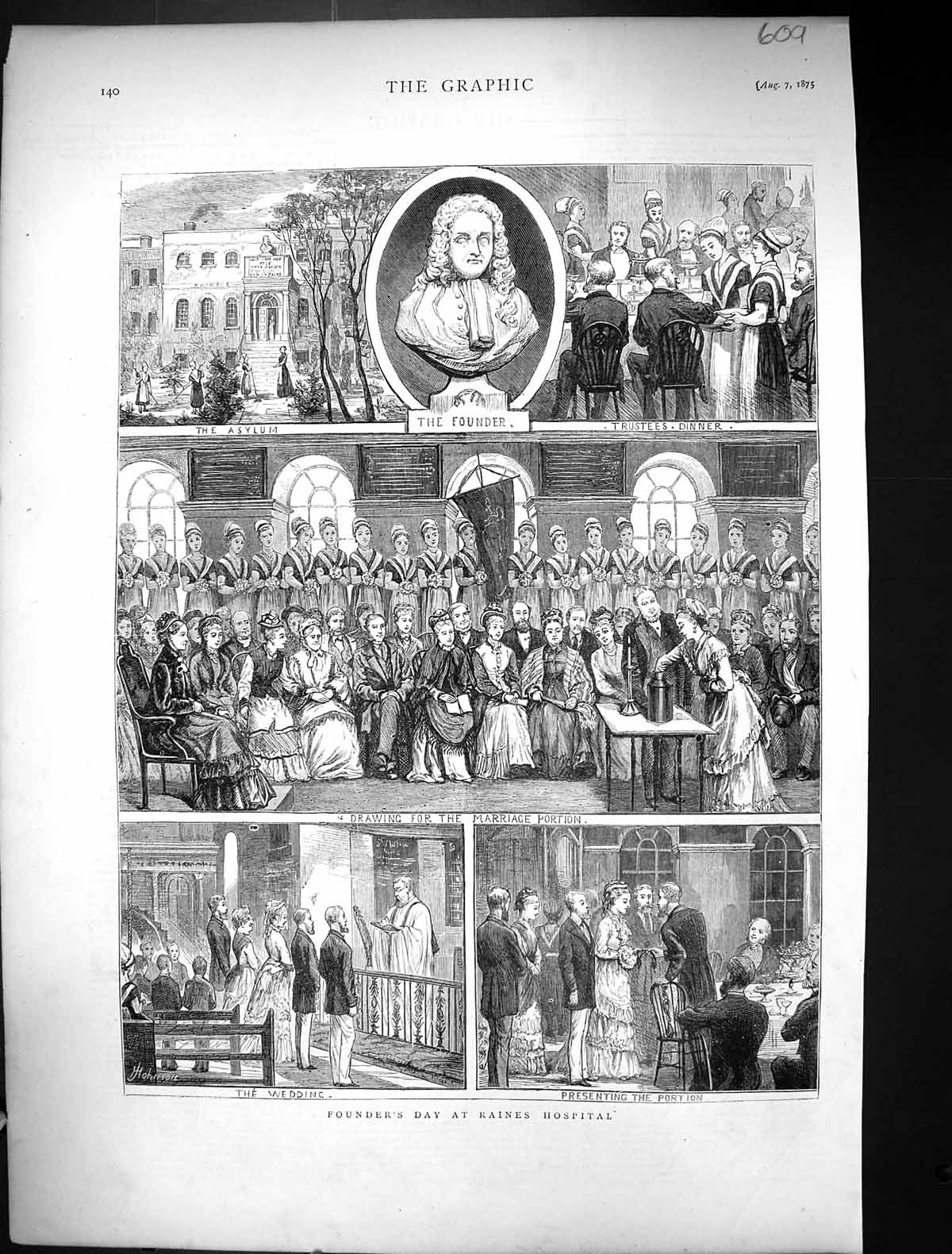 Original Old Antique Print 1875 Founder'S Day Raines Hospital Asylum Wedding