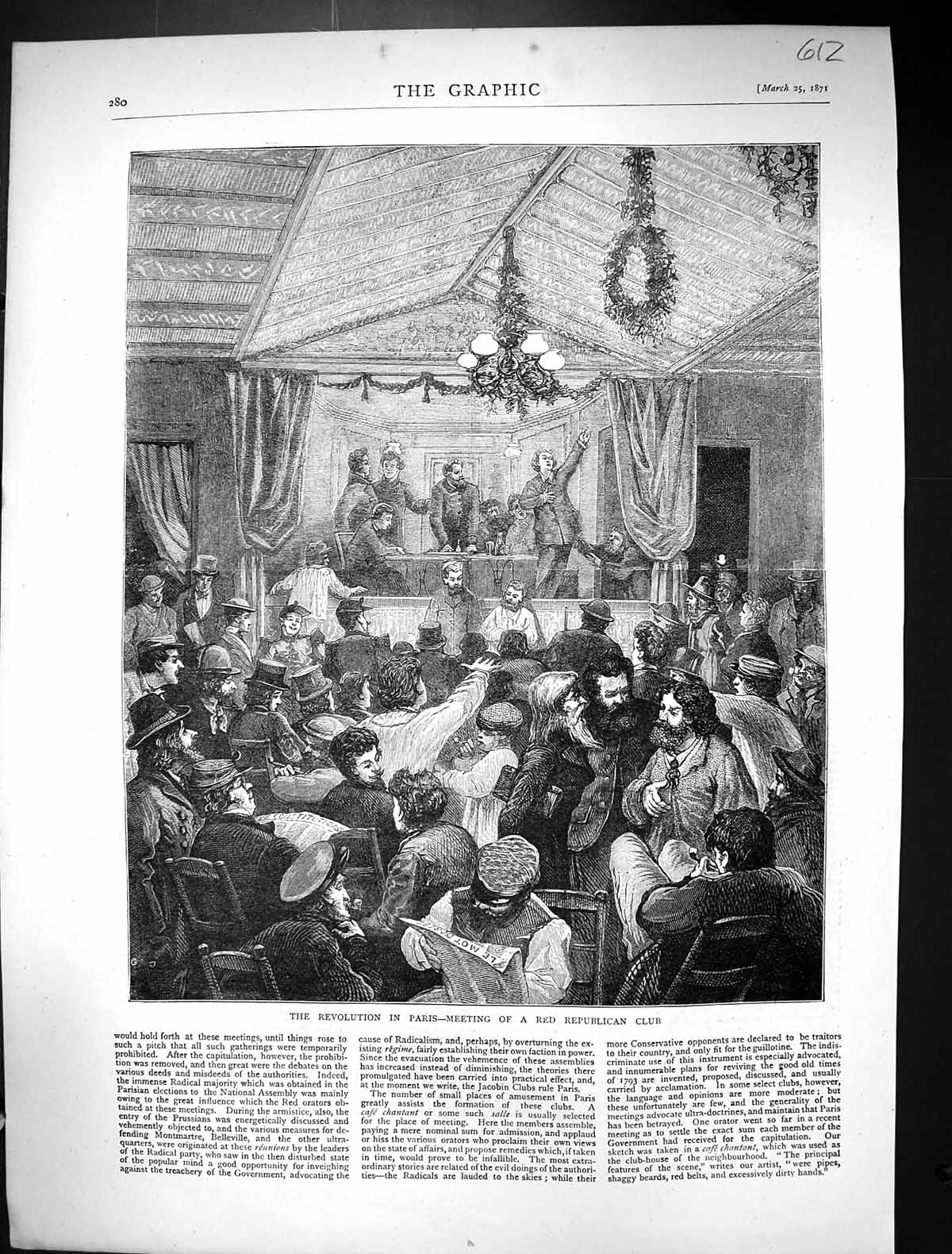 Old Print *6100 1871 Revolution Paris France Meeting Red Republican Club