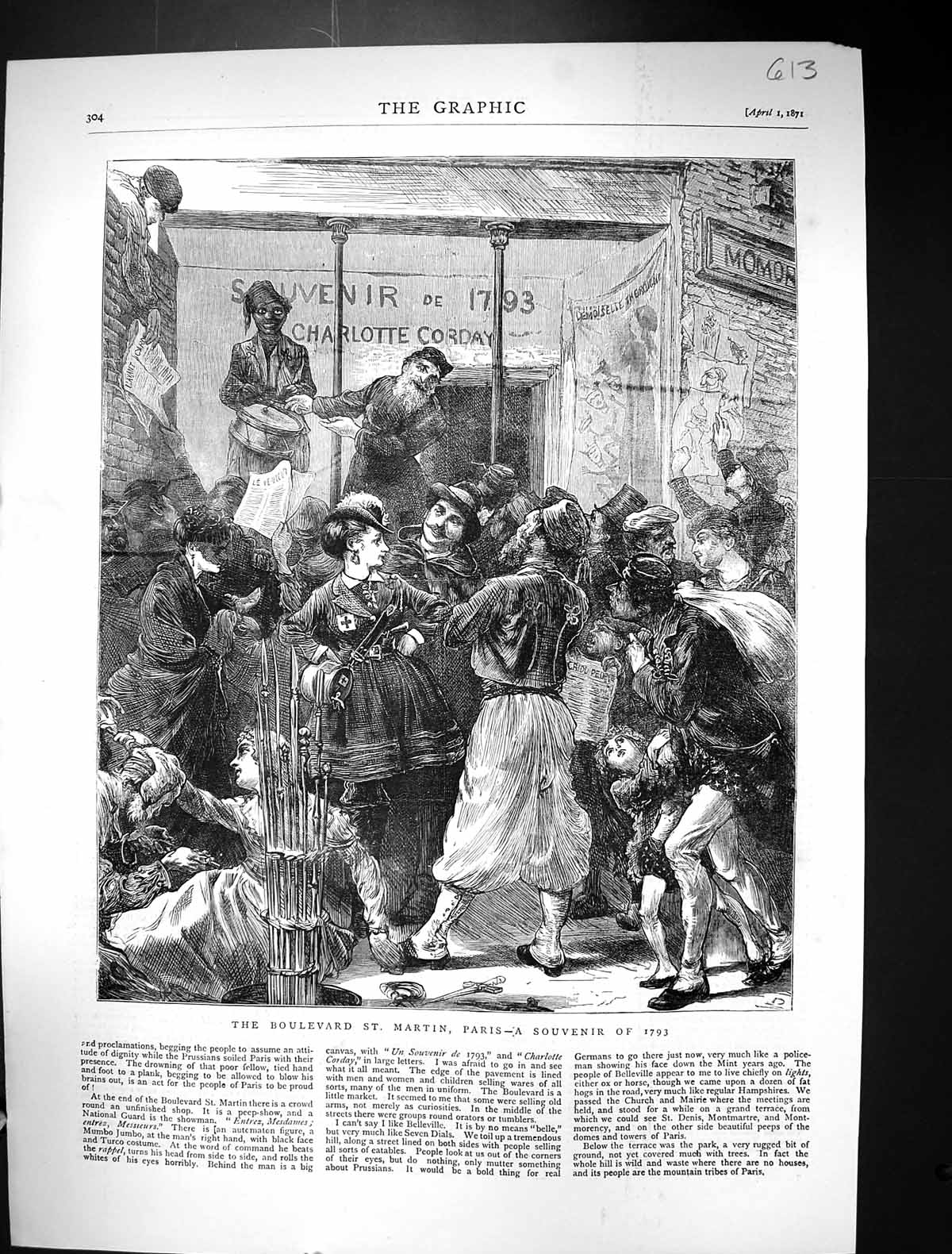 Old 1871 Scene Boulevard St. Martin Paris France Un Souvenir Charlott Victorian