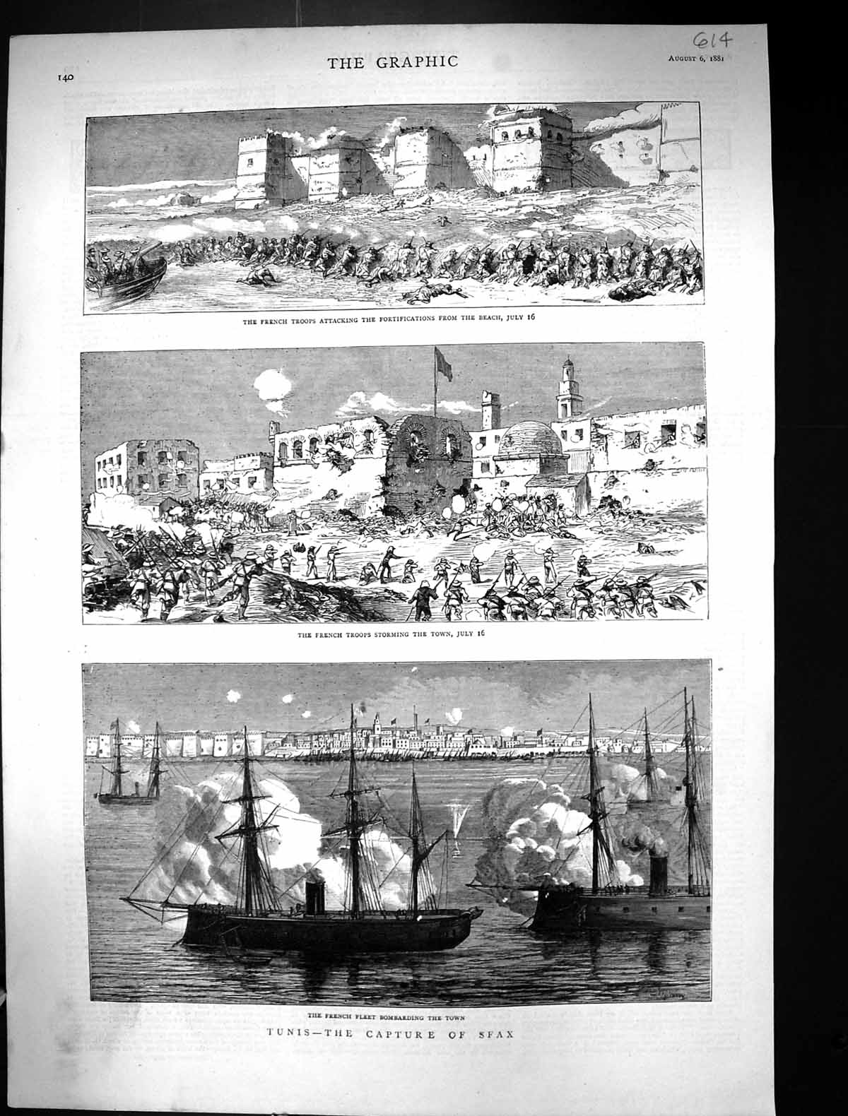 Old Print 1881 Tunis Capture Sfax Ship French Seirs Attacking Fortificat 19th