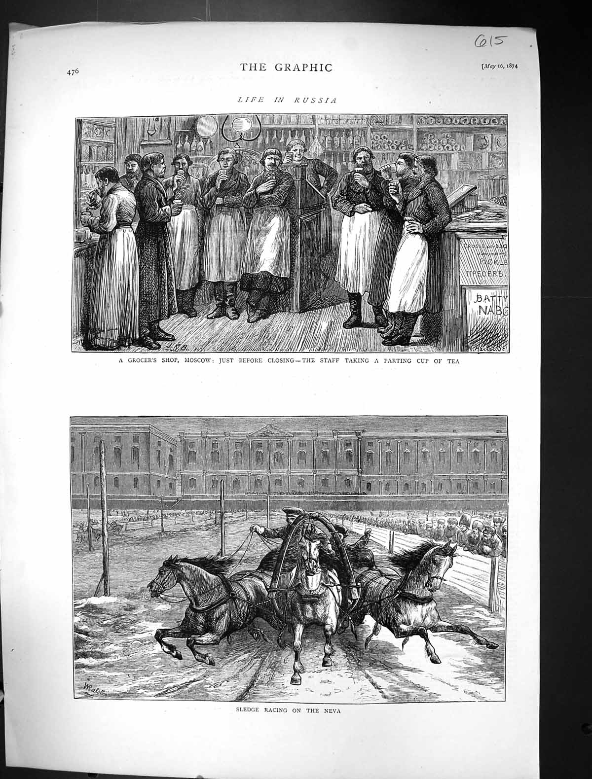 Old 1874 Life Russia Grocer Shop Moscow Sledge Horse Racing River Nev Victorian