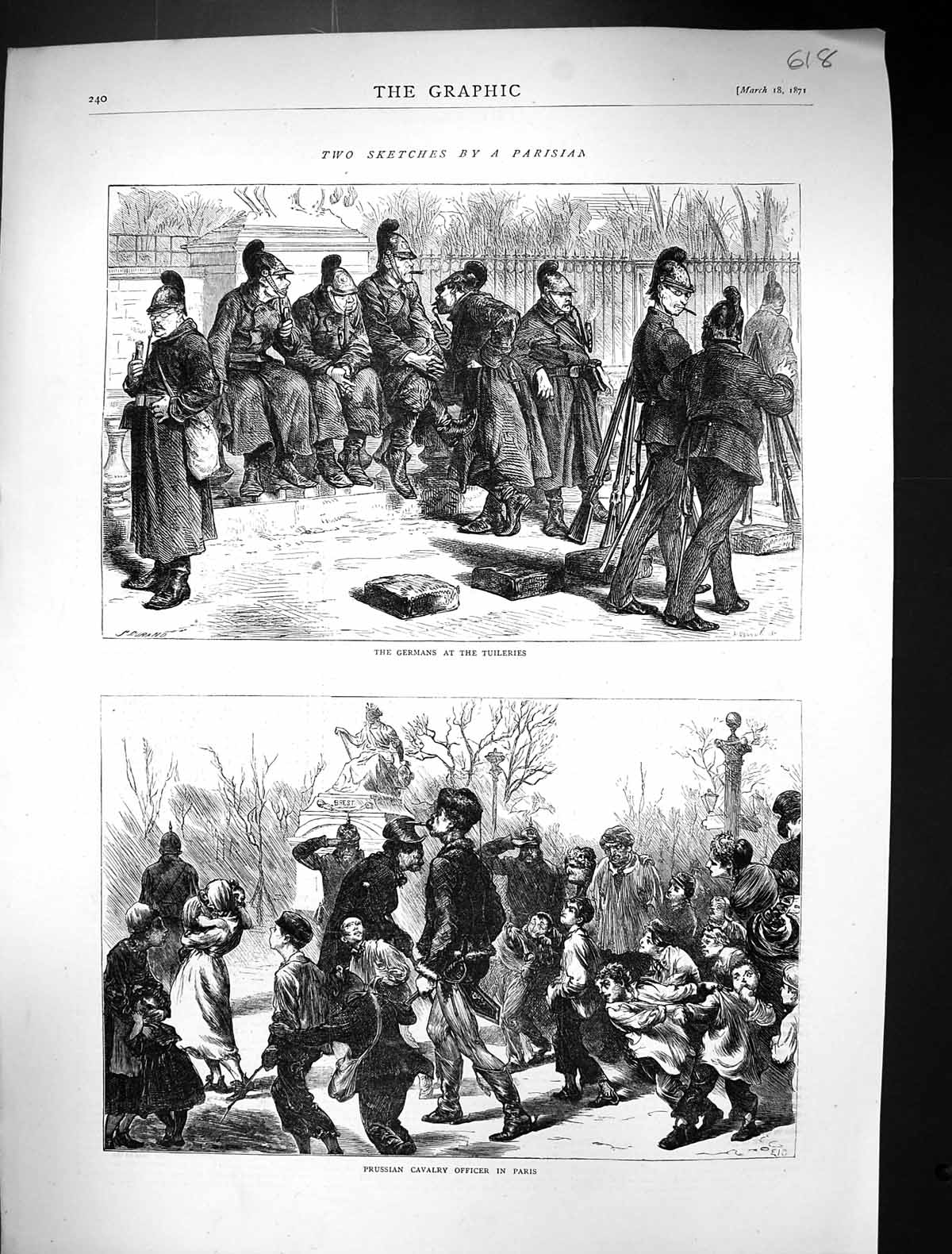 Old Print 1871 Paris France German Siers Tuileries Prussina Cavlary Offi 19th