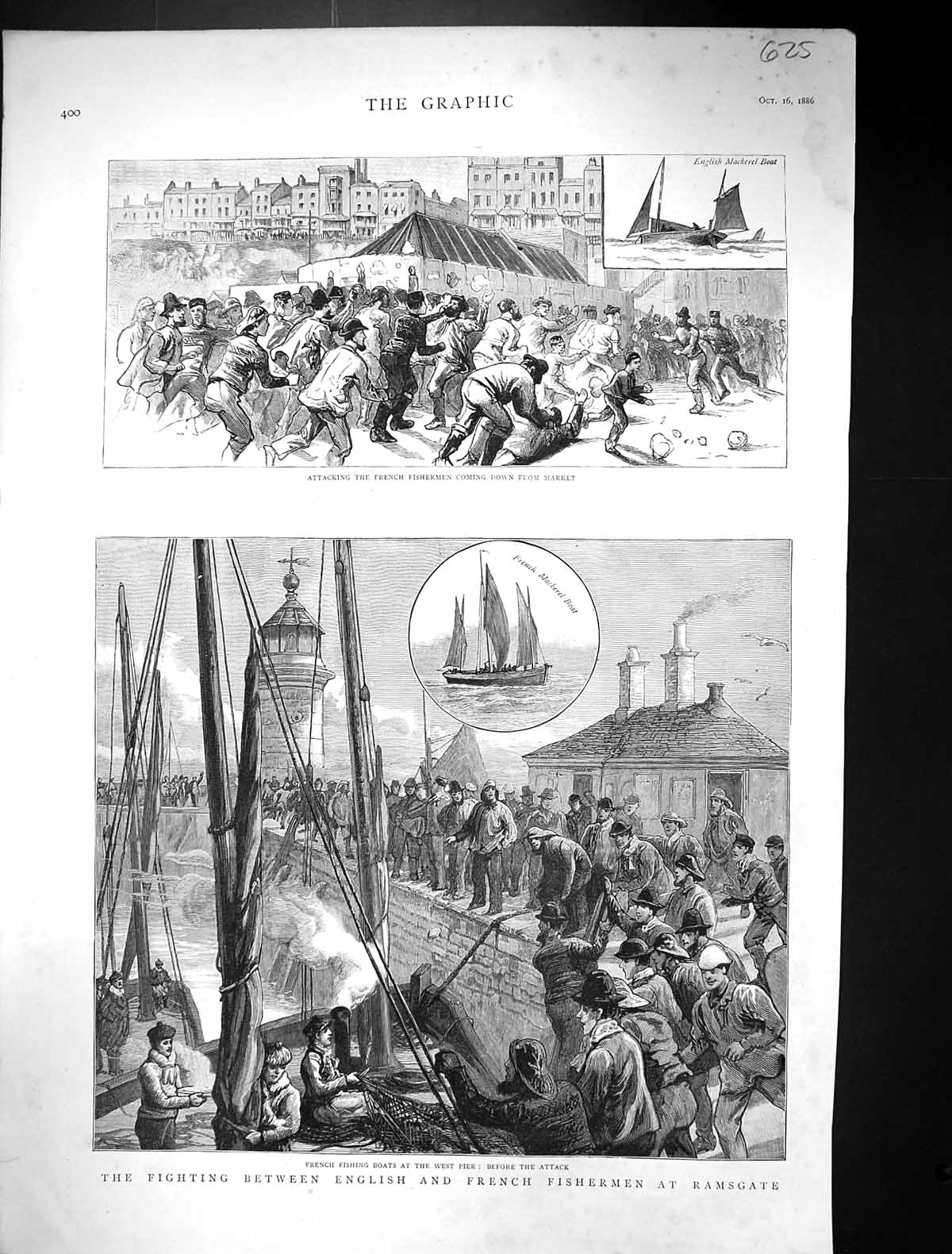 Old 1886 Fighting English French Fishermen Ramsgate Fishing Boats Mar Victorian