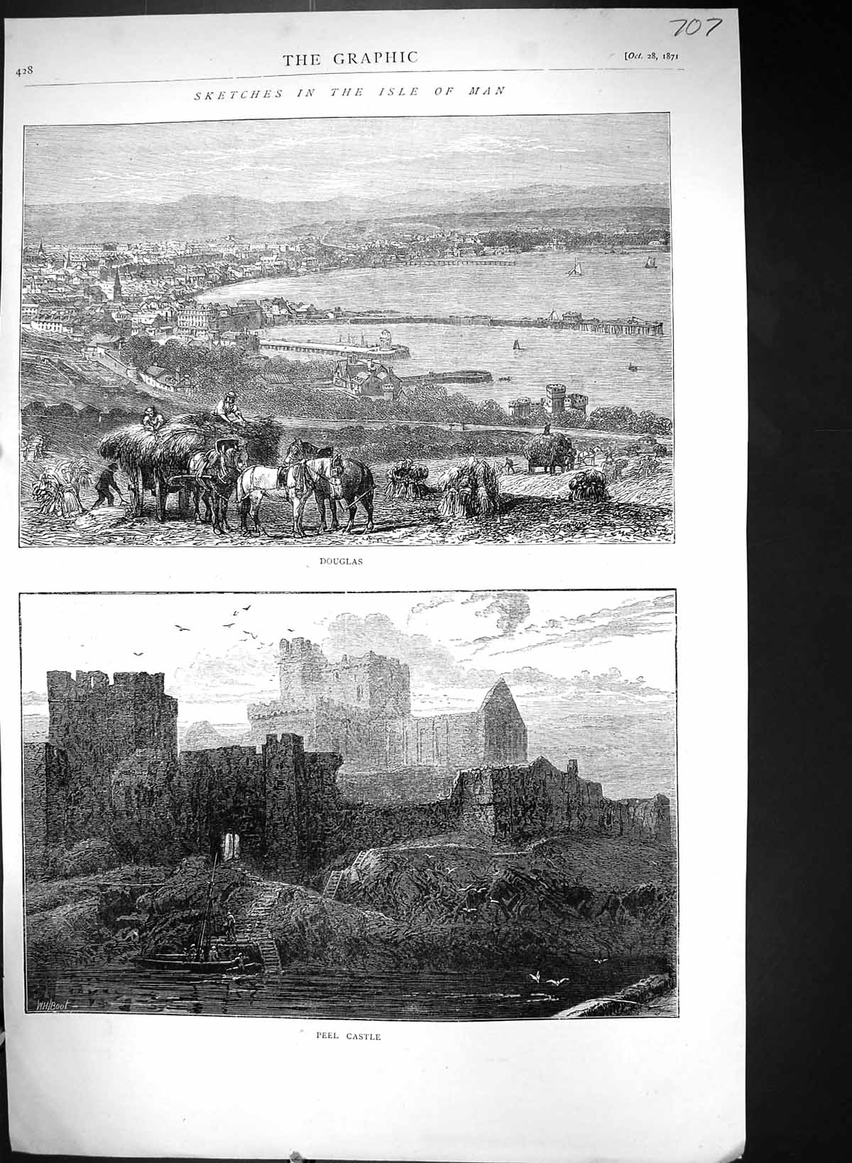 Antique Print 1871 Isle Man Panoramic View Douglas Peel Castle Architecture