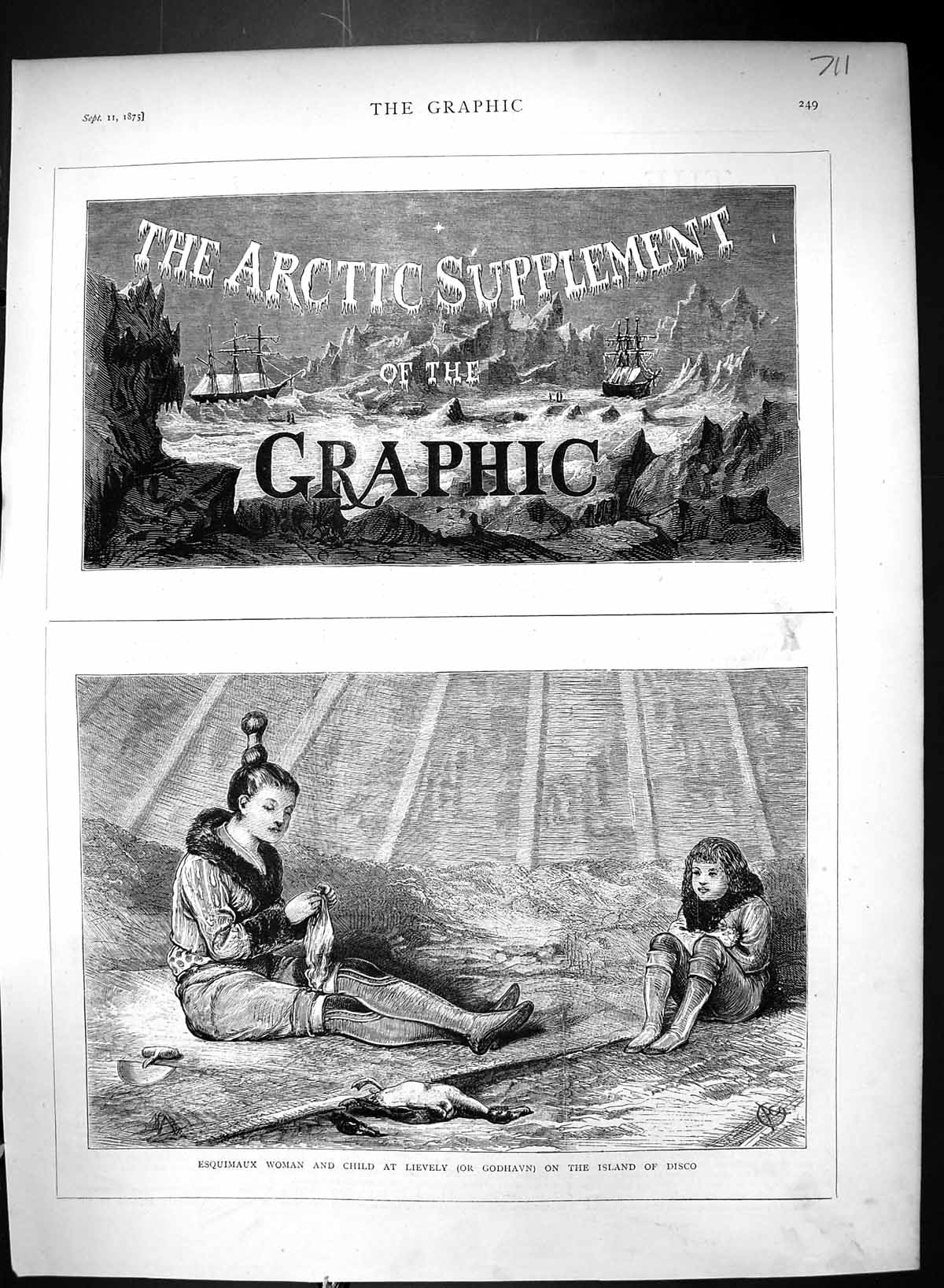 Old Print 1875 Arctic Esquimaux Woman Child Lievely Godhavn Island Disco 19th