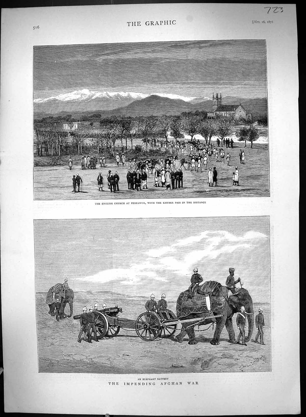 Old 1878 Afghanistan English Church Peshawur Khyber Pass Elephant Bat Victorian
