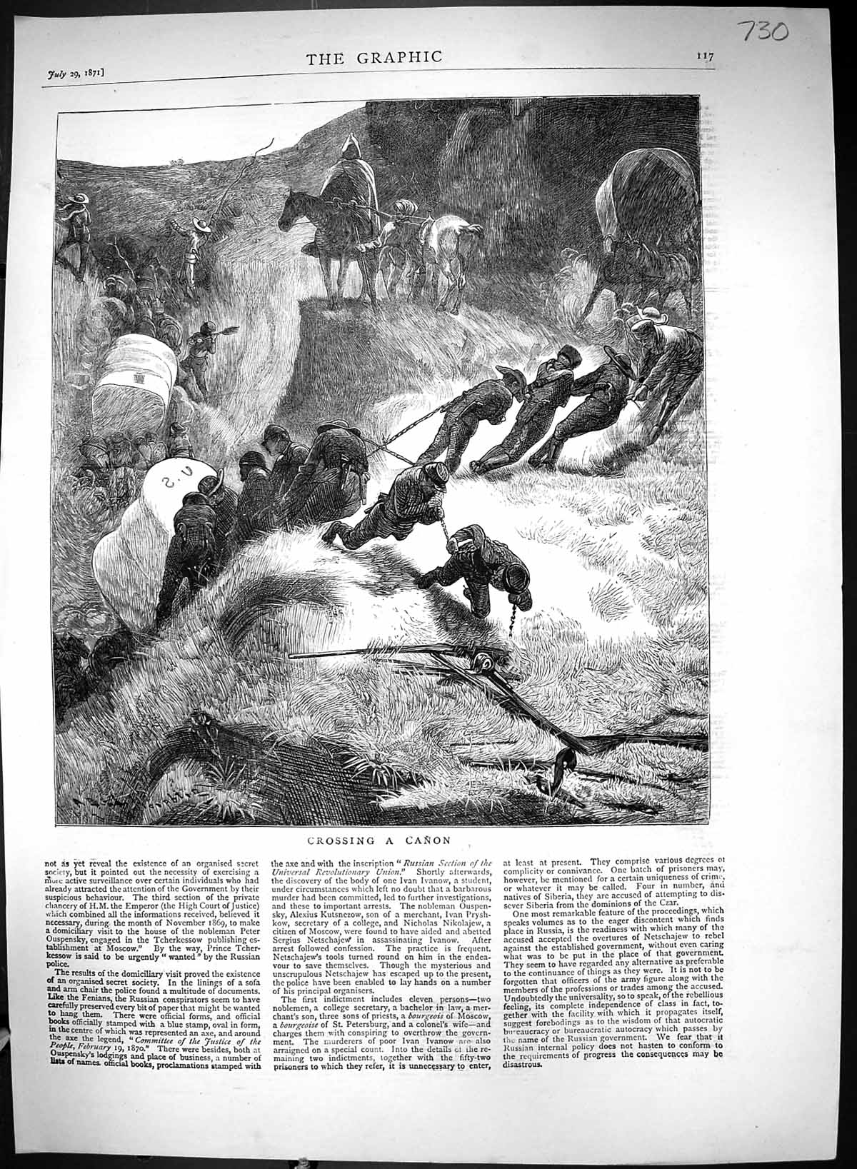 Original Old Antique Print 1871 Scene Crossing Canon Siers Baggage Waggon 19th