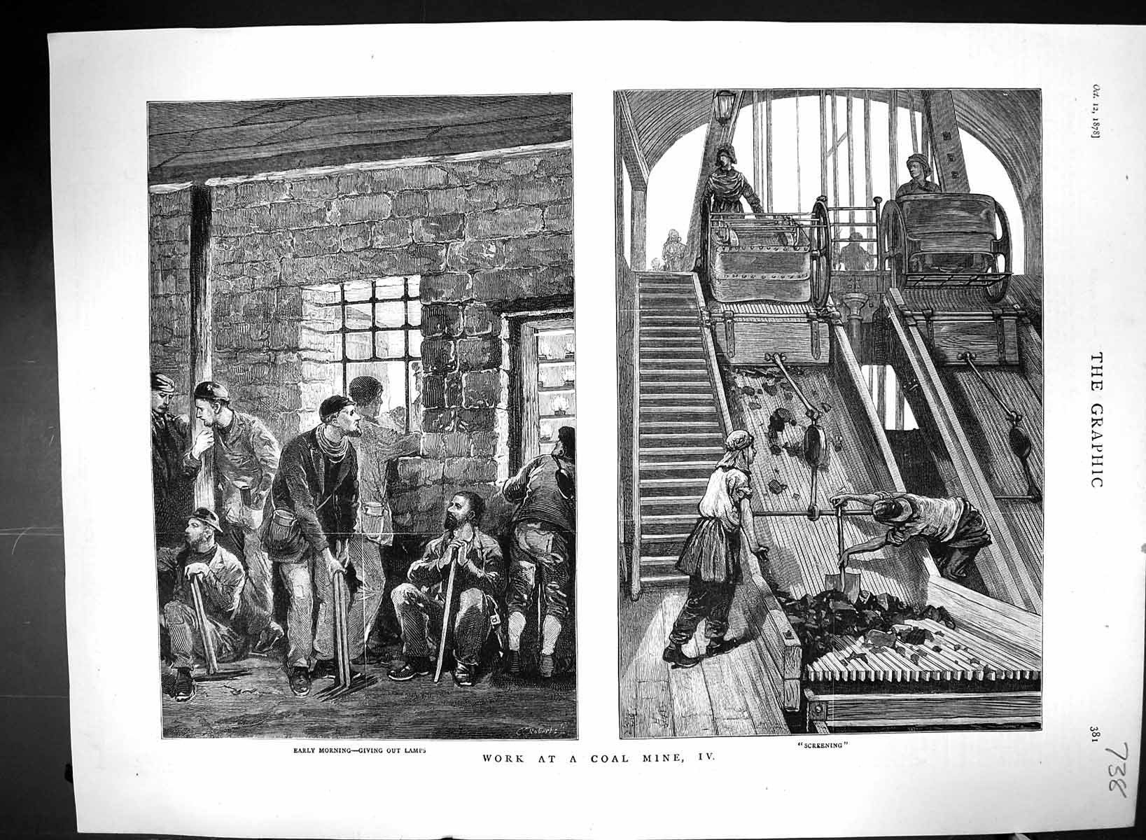 Original Old Antique Print 1878 Working Coal Mine Men Lamps Screenng Machinery