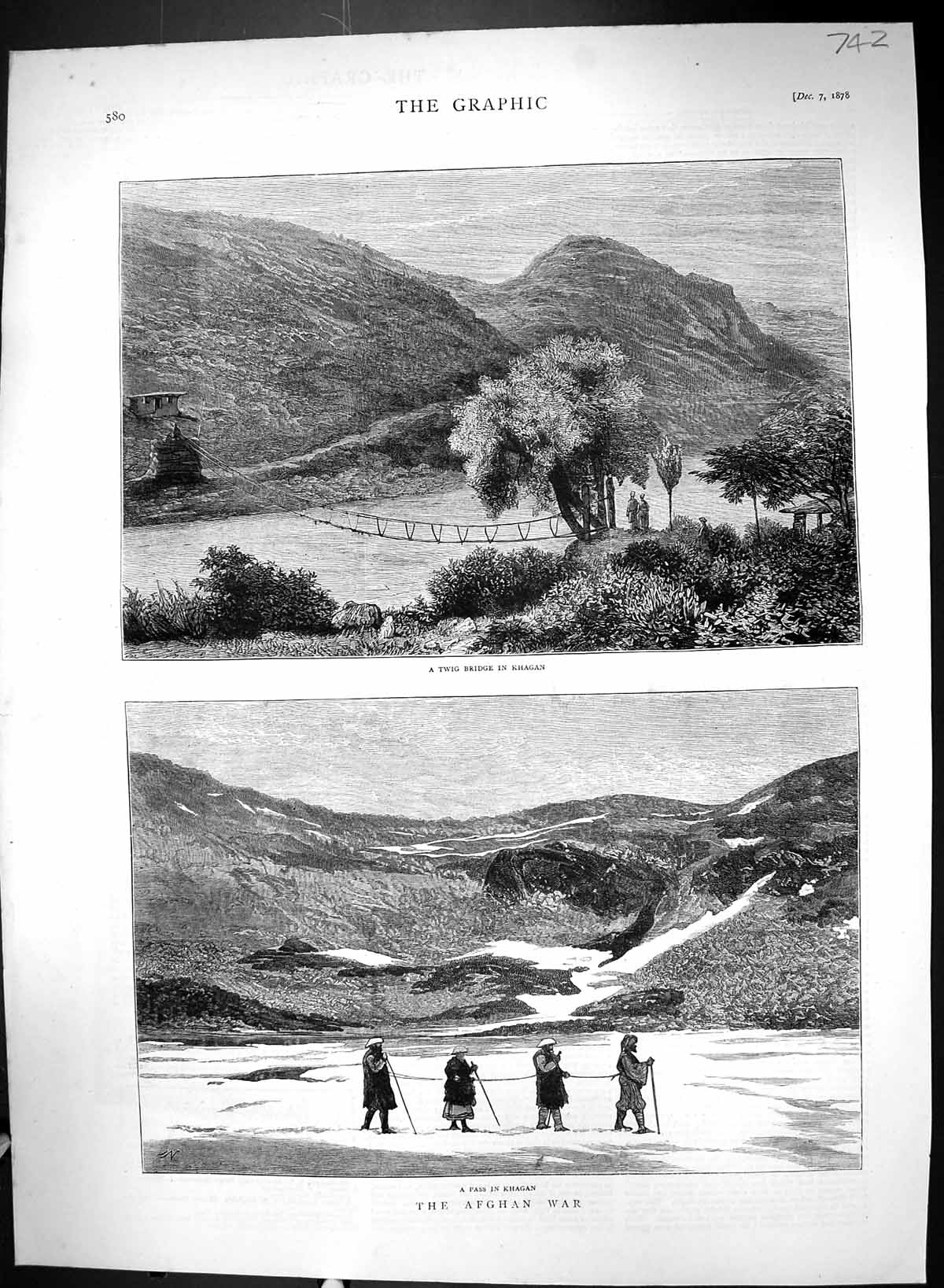 Original Old Antique Print 1878 Afghanistan Twig Bridge Khagan Pass Mountains