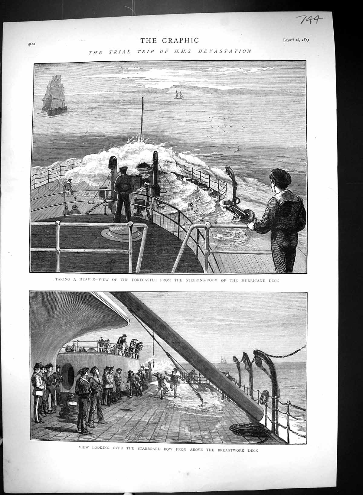 Old 1873 Trial Trip H.M.S. Devastation Forecastle Hurricane Deck Stee Victorian
