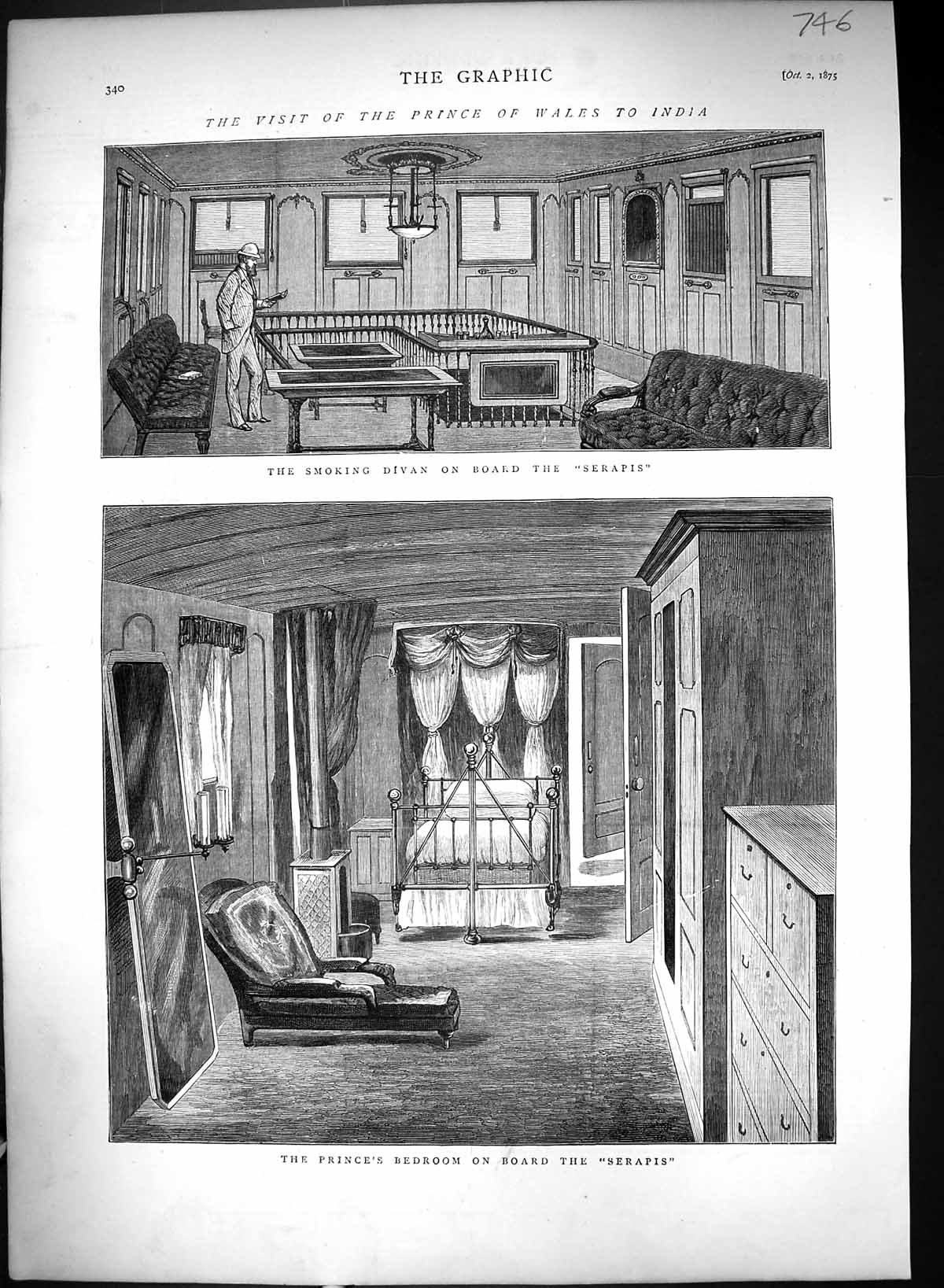 Antique Old Print 1875 Prince Wales India Smoking Divan Ship Serapis Bedroom