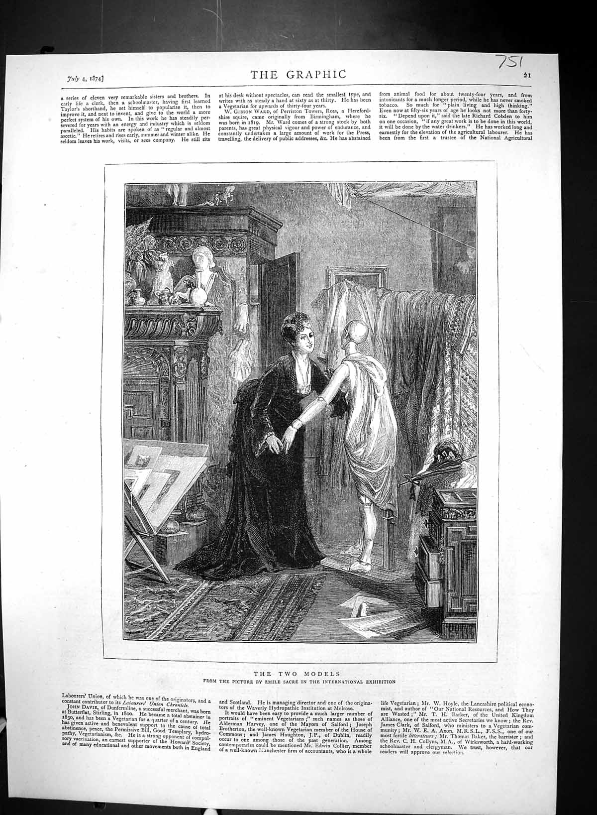 Original Old Antique Print 1874 Models Emile Sacre Lady Artist Dummy Manequin