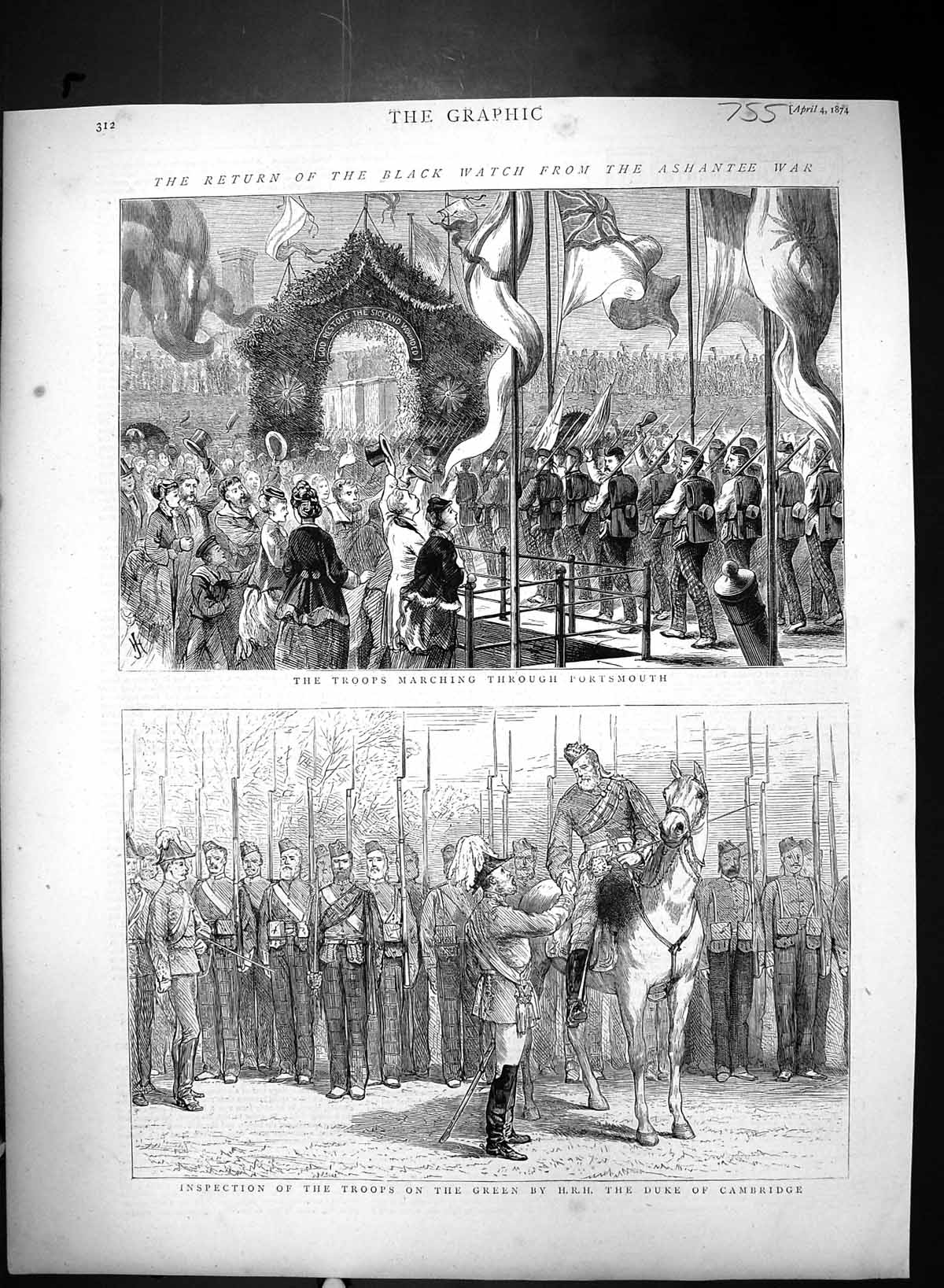 Old Print 1874 Black Watch Ashantee War Portsmouth Inspection Siers Duke 19th