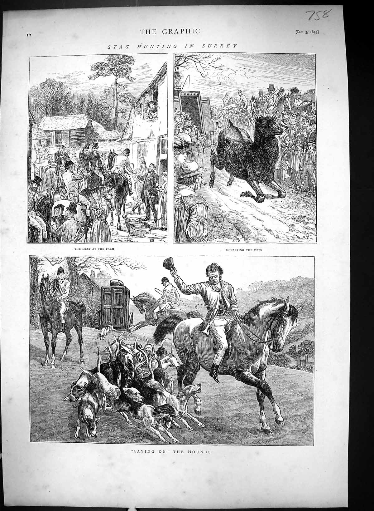 Old Print 1874 Stag Hunting Surrey Farm Sport Hounds Dogs Horses Huntsmen 19th