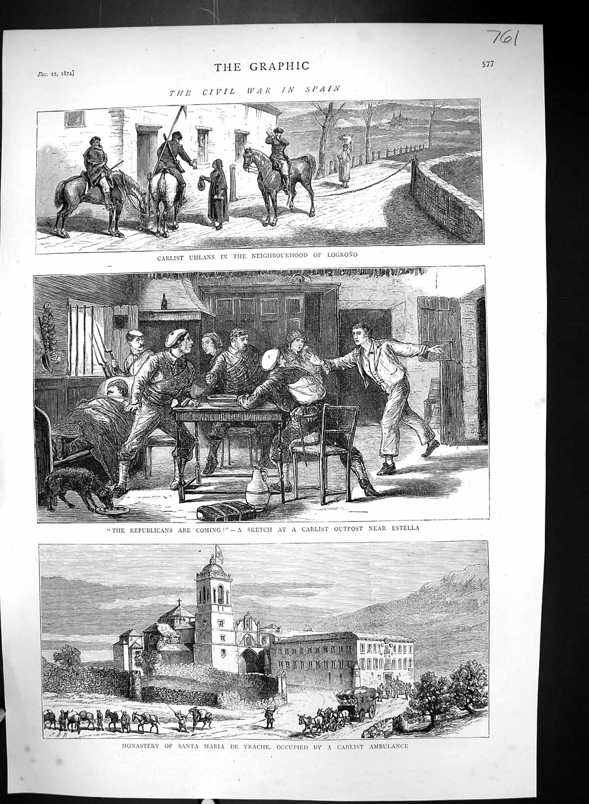 Old 1874 Civil War Spain Carlist Uhlans Logrono Estella Monastery San Victorian
