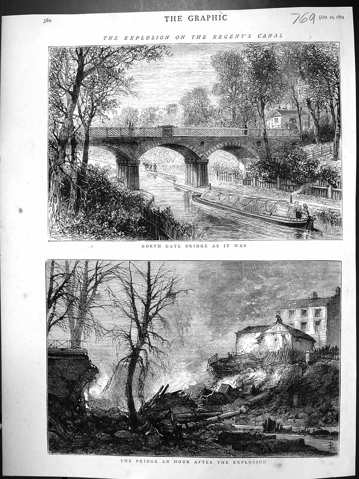 Old 1874 Explosion Regent'S Canal London North Gate Bridge River Boat Victorian