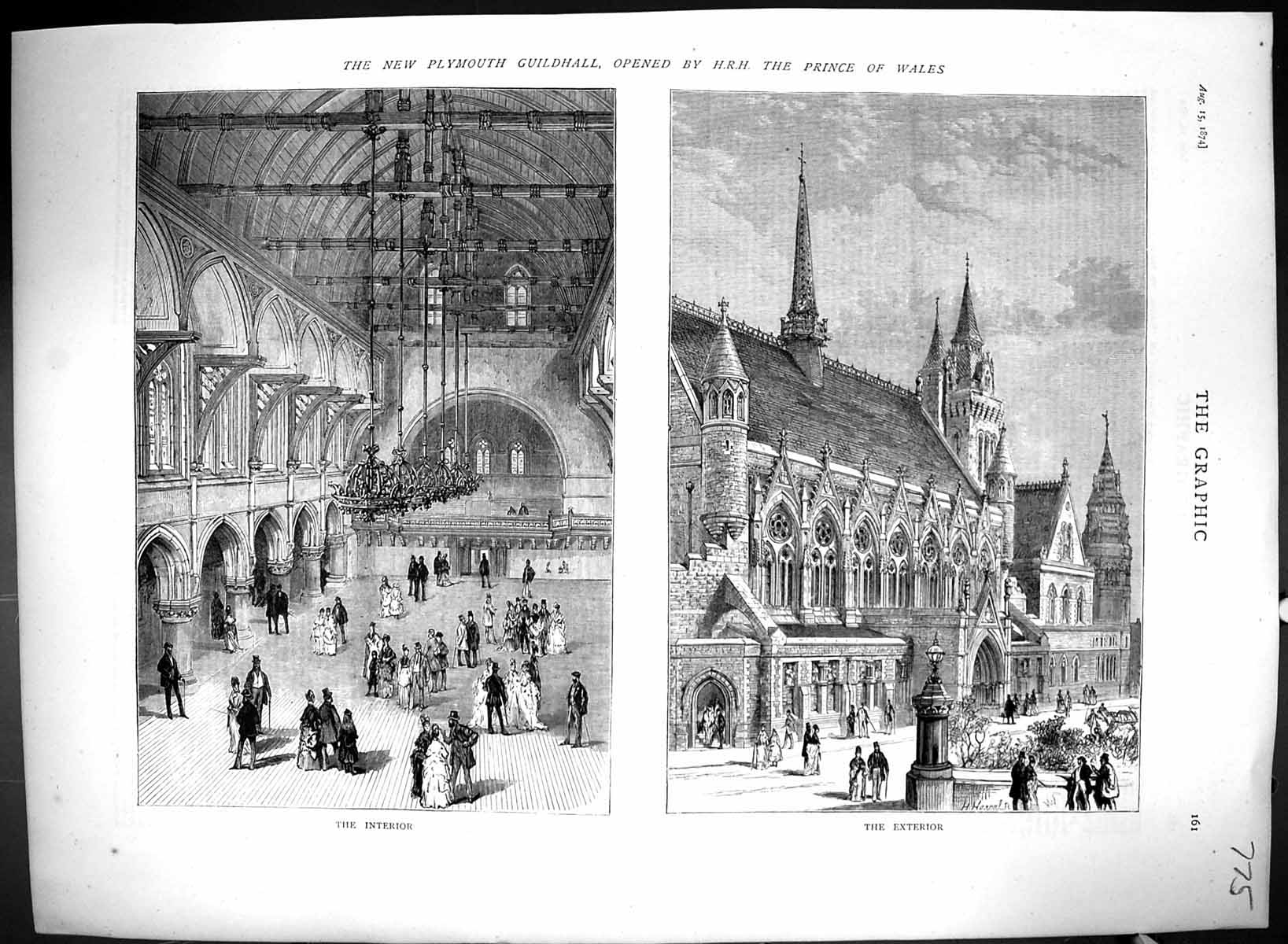 Old Print 1874 Plymouth Guildhall Interior Exterior Architecture Building 19th