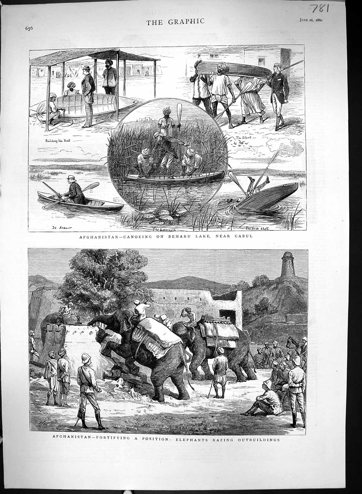 Old 1880 Afghanistan Canoeing Bemaru Lake Cabul Elephants Razing Outb Victorian