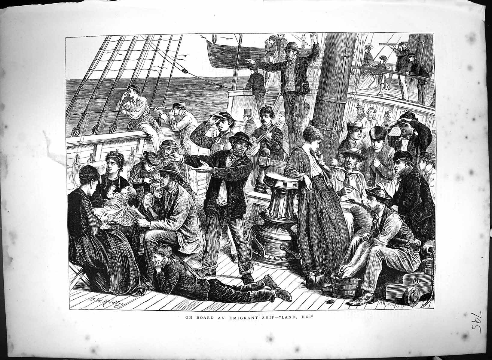 Original Old Antique Print 1871 Scene Board Emigrant Sailing Ship Passengers