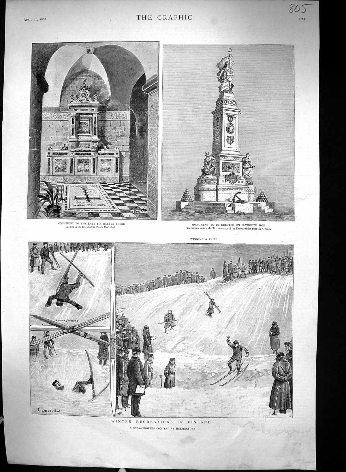Old Print 1888 Winter Fun Finland Monument Bartle Frere Paul'S Cathedral 19th
