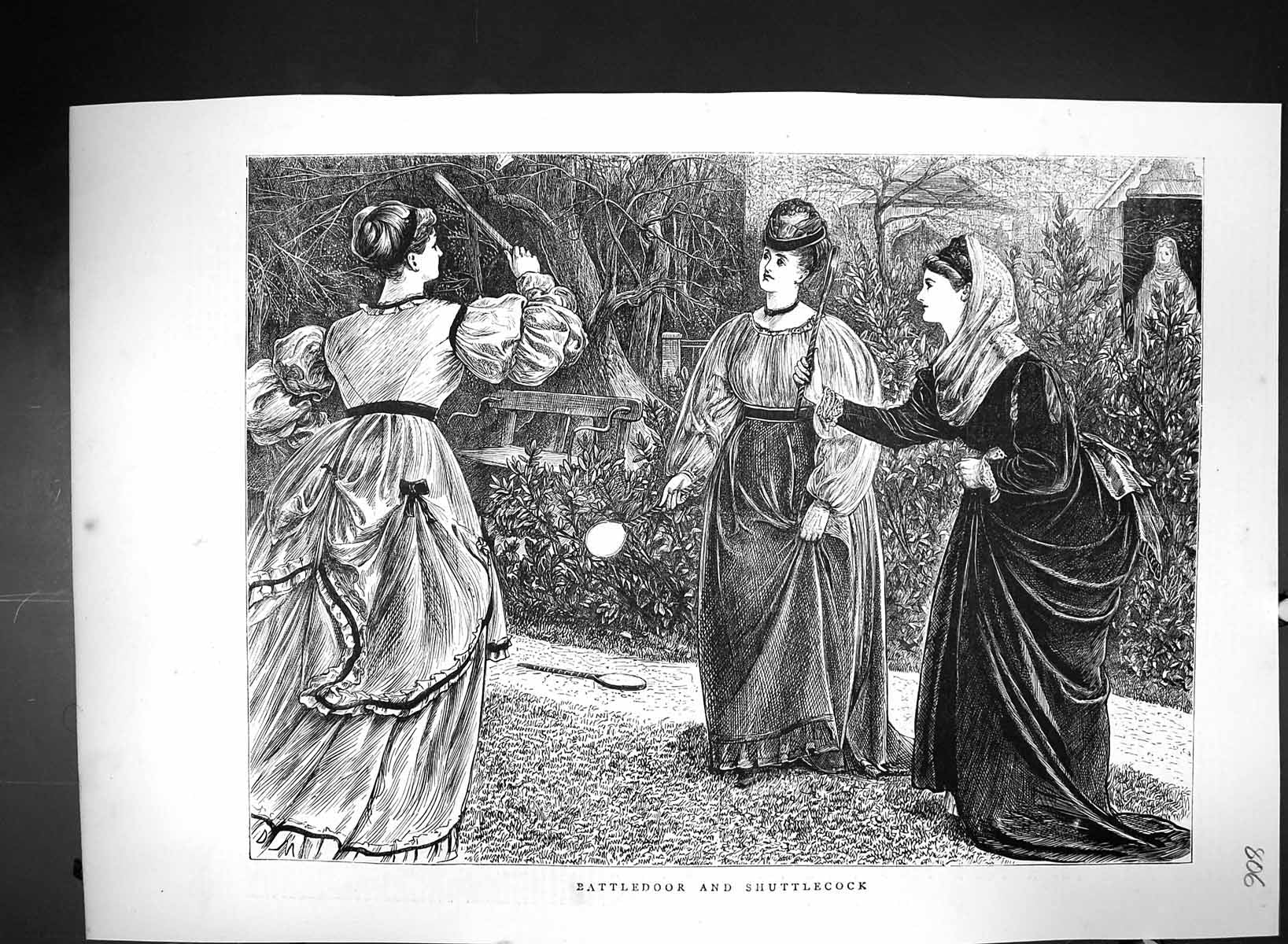 Original Old Antique Print 1871 Battledoor Shuttlecock Ladies Raquet Sports