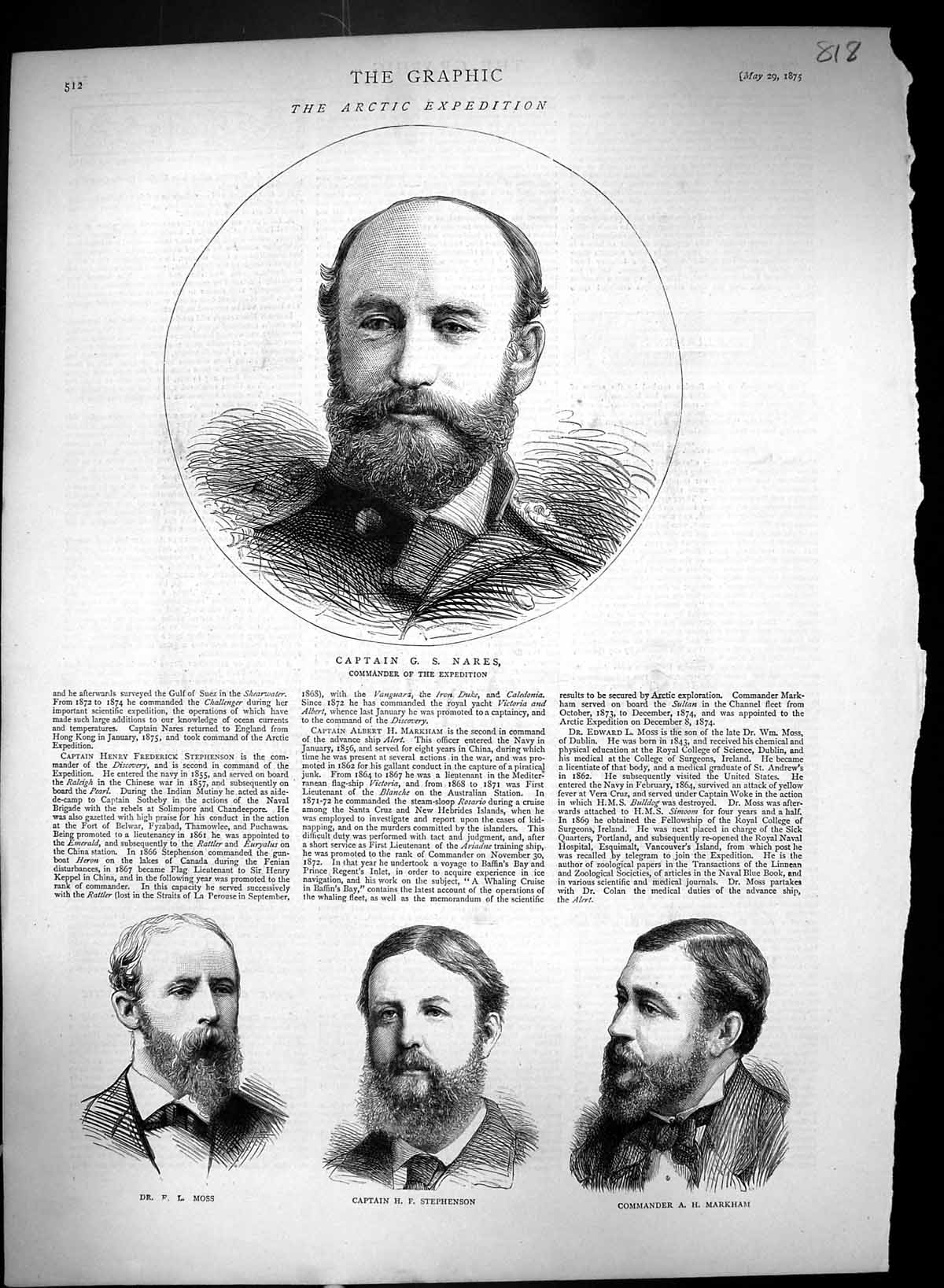 Old 1875 Arctic Expedition Captain Nares Moss Stephenson Commander Ma Victorian