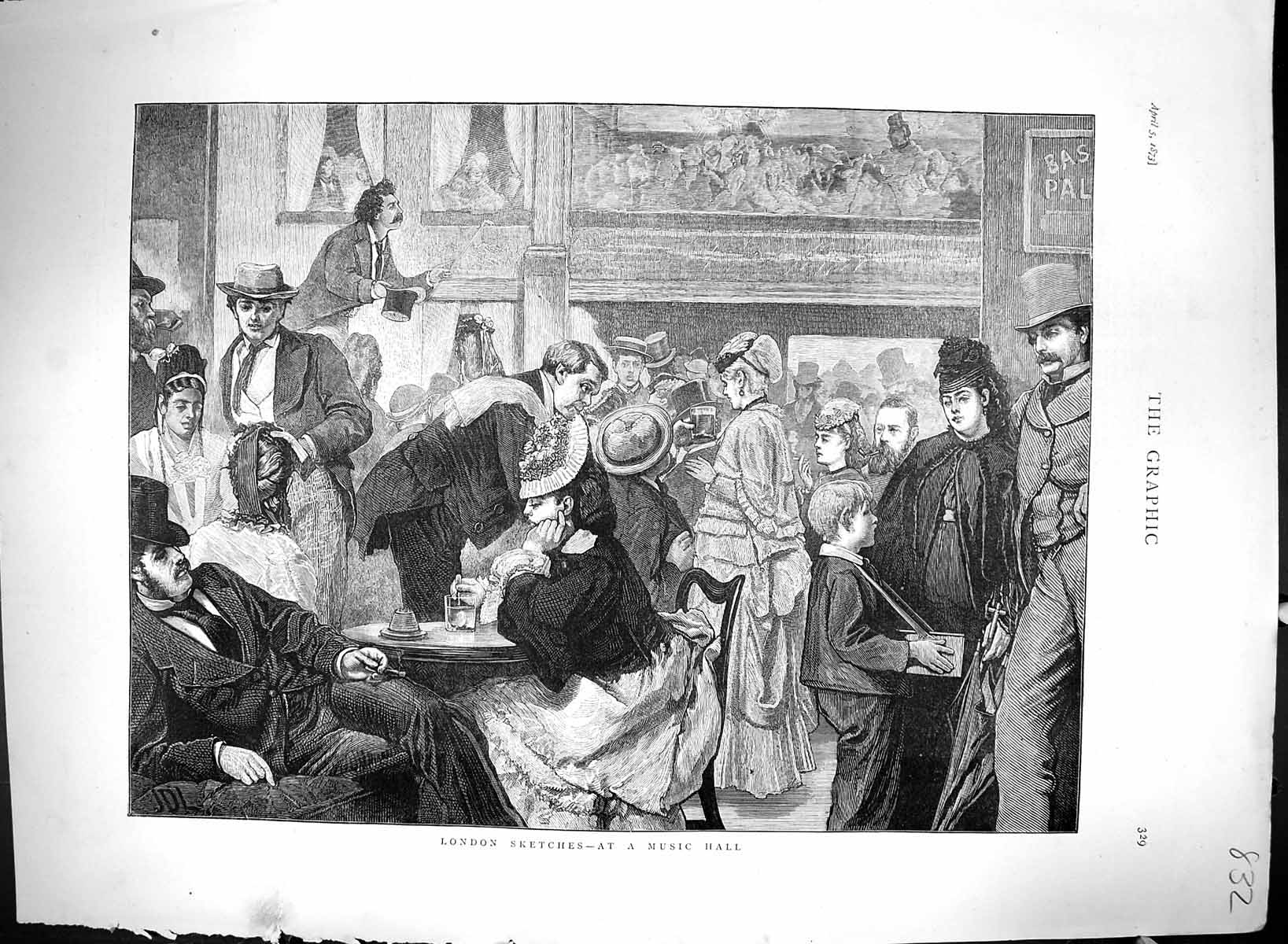 Original Old Antique Print 1873 London Scene Music Hall Spectators People 19th