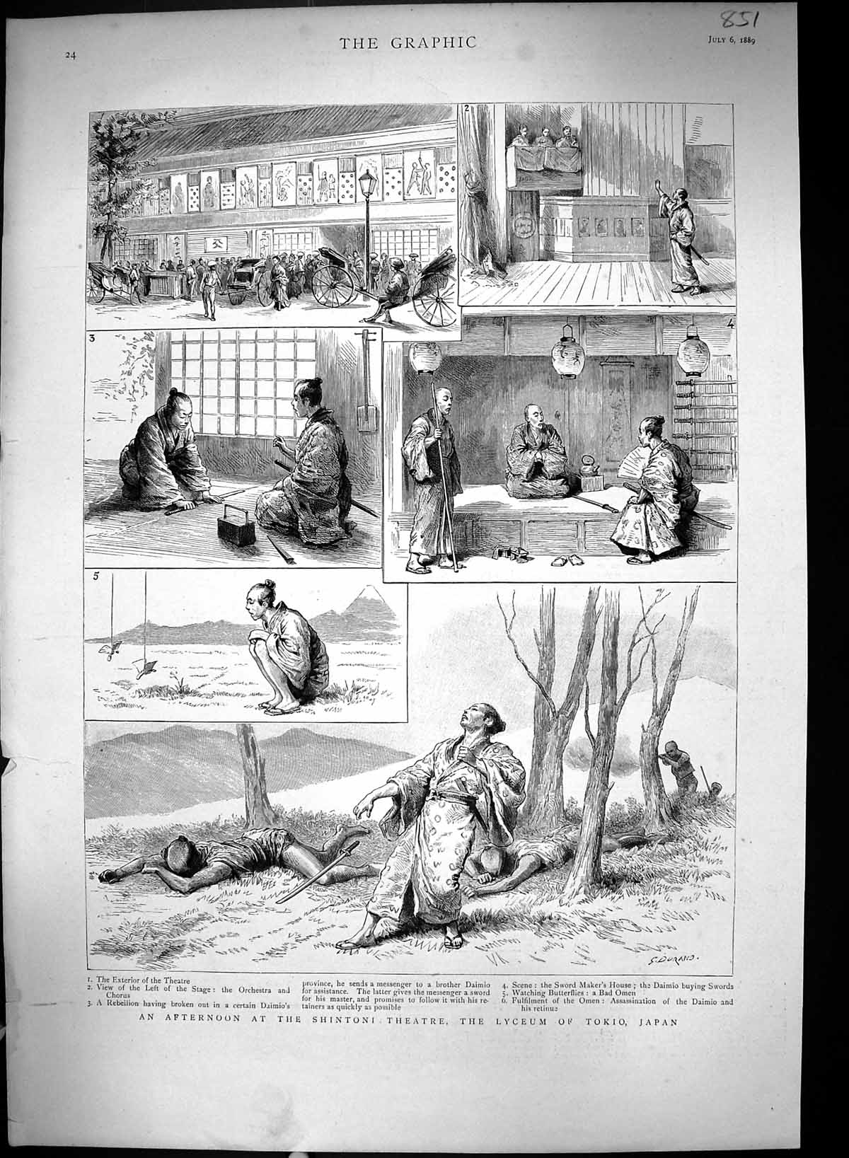 Old Print 1889 Shintoni Theatre Tokio Japan Orchestra Chorus Stage Daimio 19th