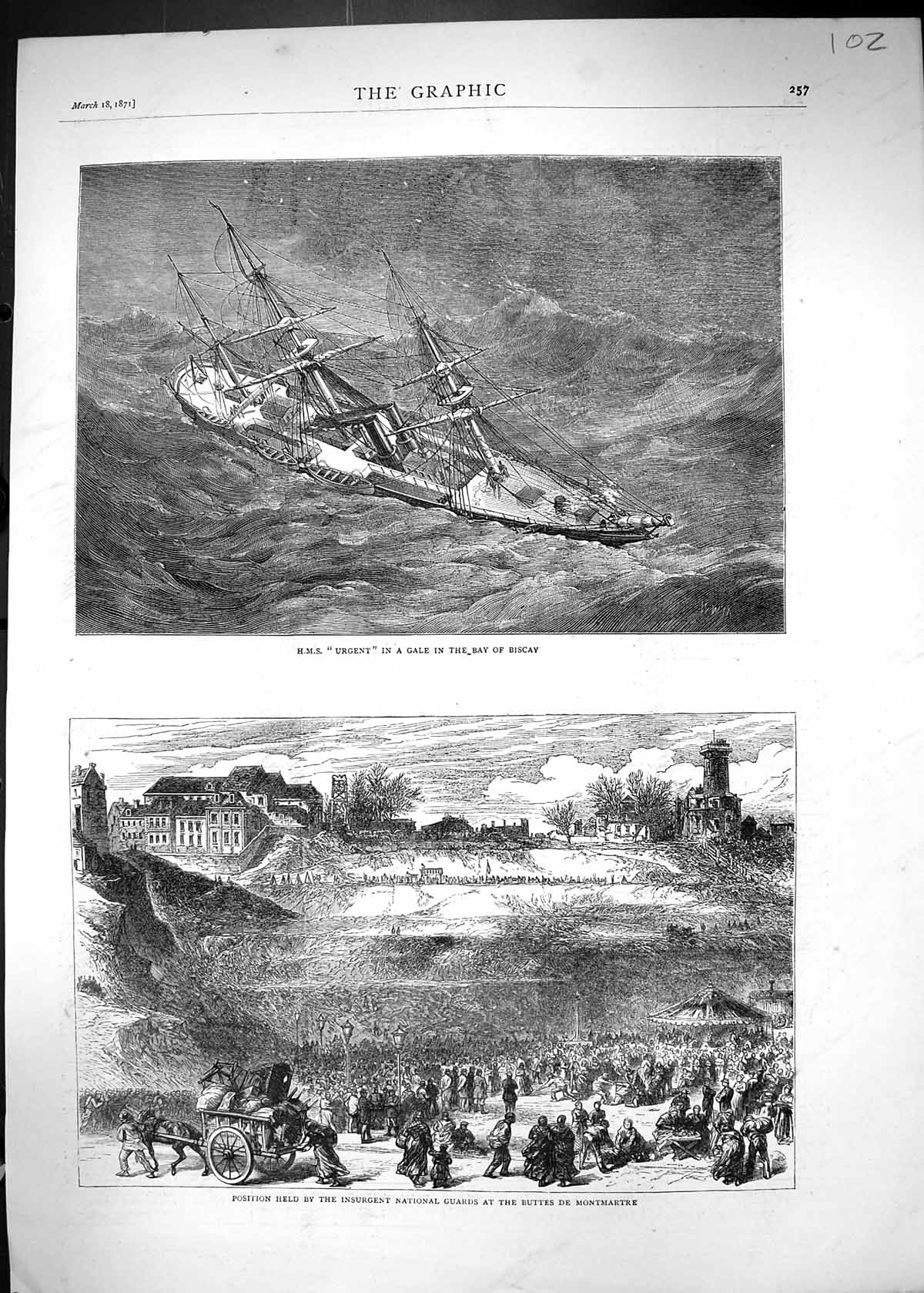Old 1871 Ship H.M.S. Urgent Bay Biscay Insurgent National Guard Butte Victorian