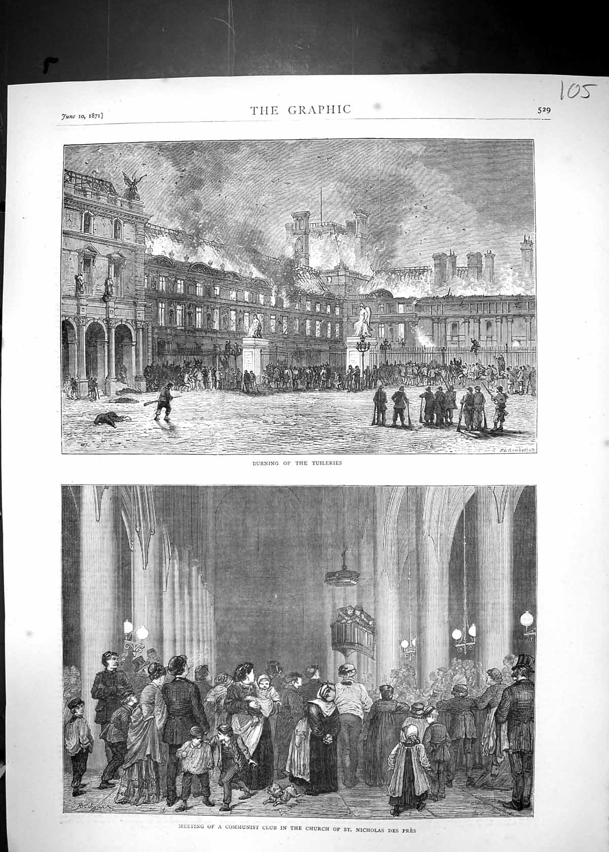 Old 1871 Fire Tuileries Meeting Communist Club Church St. Nicholas De Victorian