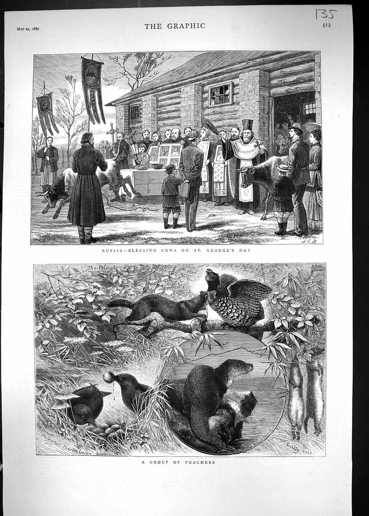 Old 1880 Russia Scene Blessing Cows St. George'S Day Poachers Polecat Victorian