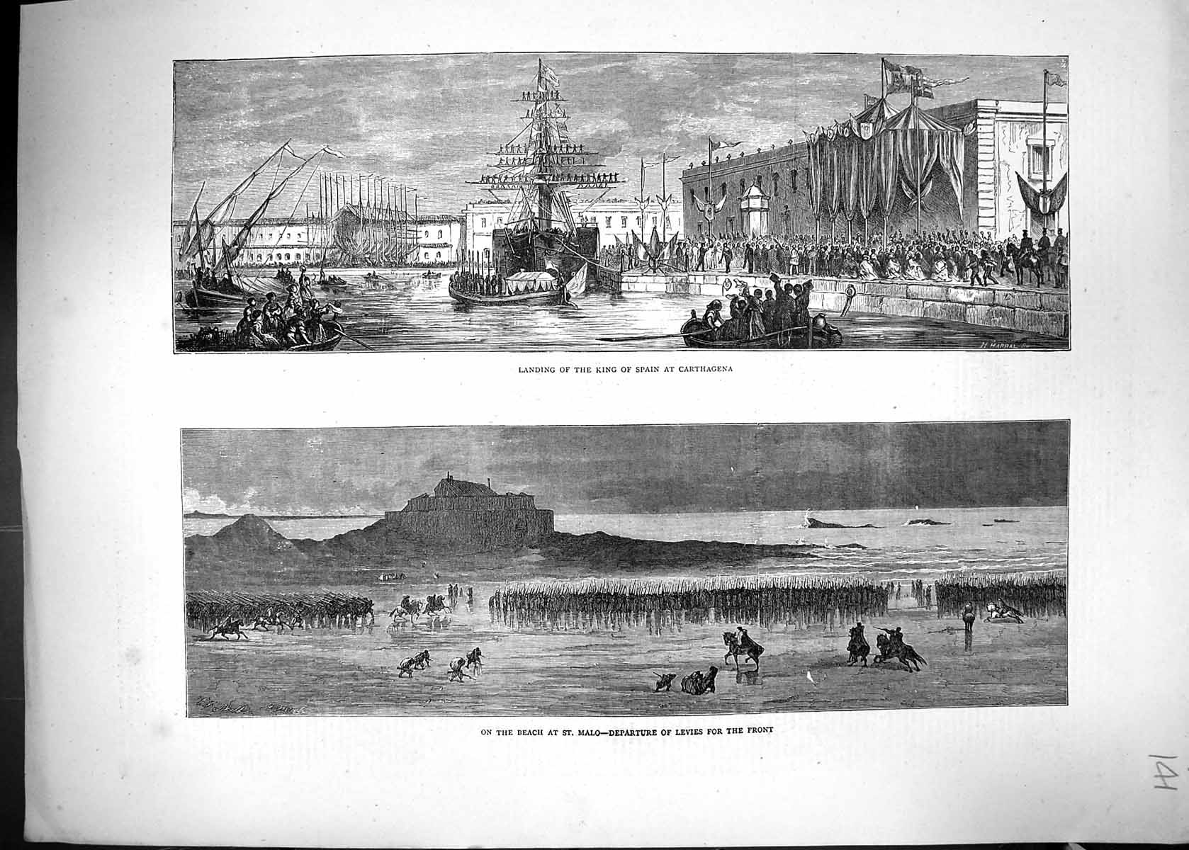 Old 1871 Landing Ship King Spain Carthagena Beach St. Malo Departure Victorian